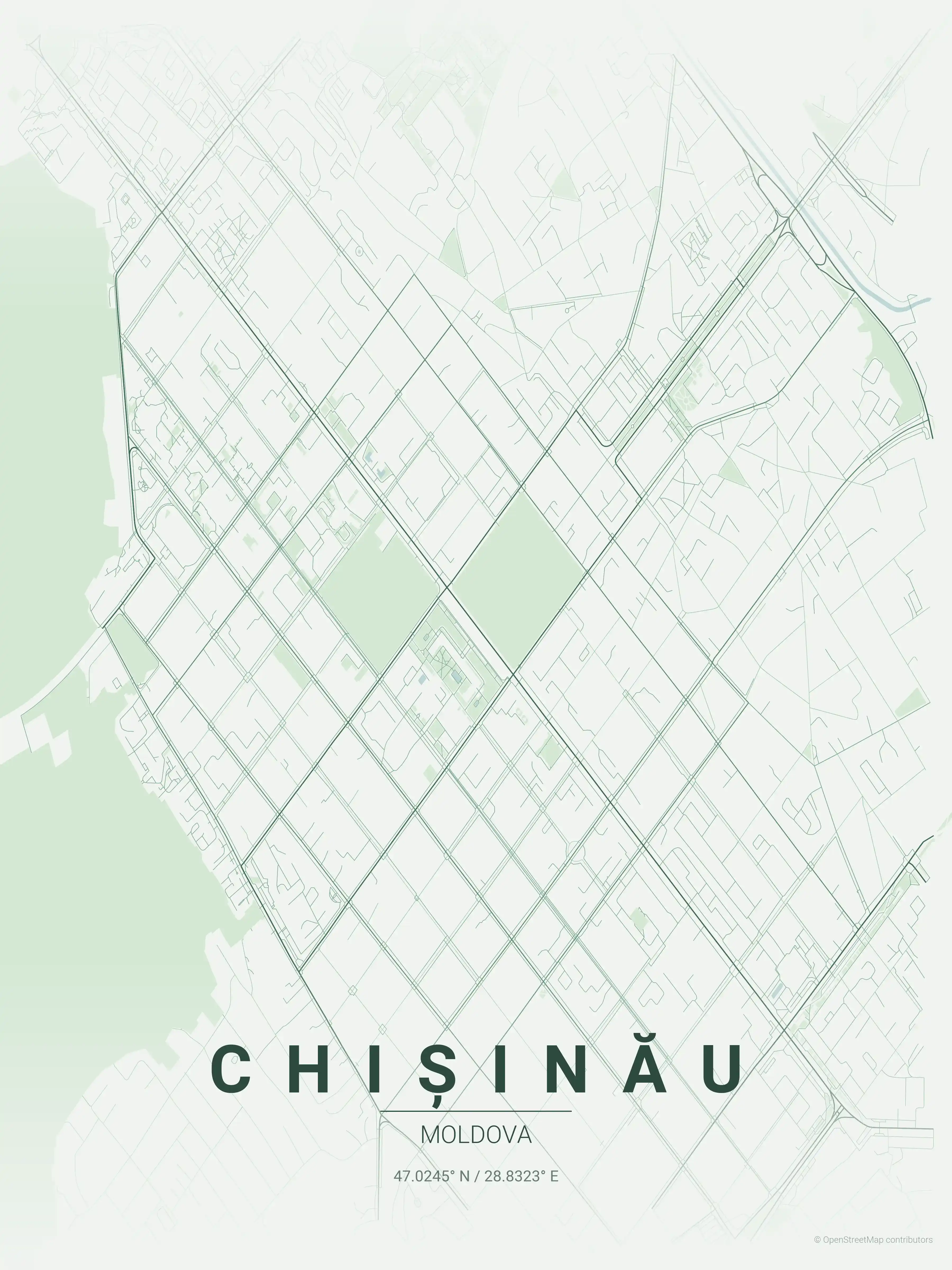 Minimalist forest street map of Chișinău, Moldova - Urban grid art