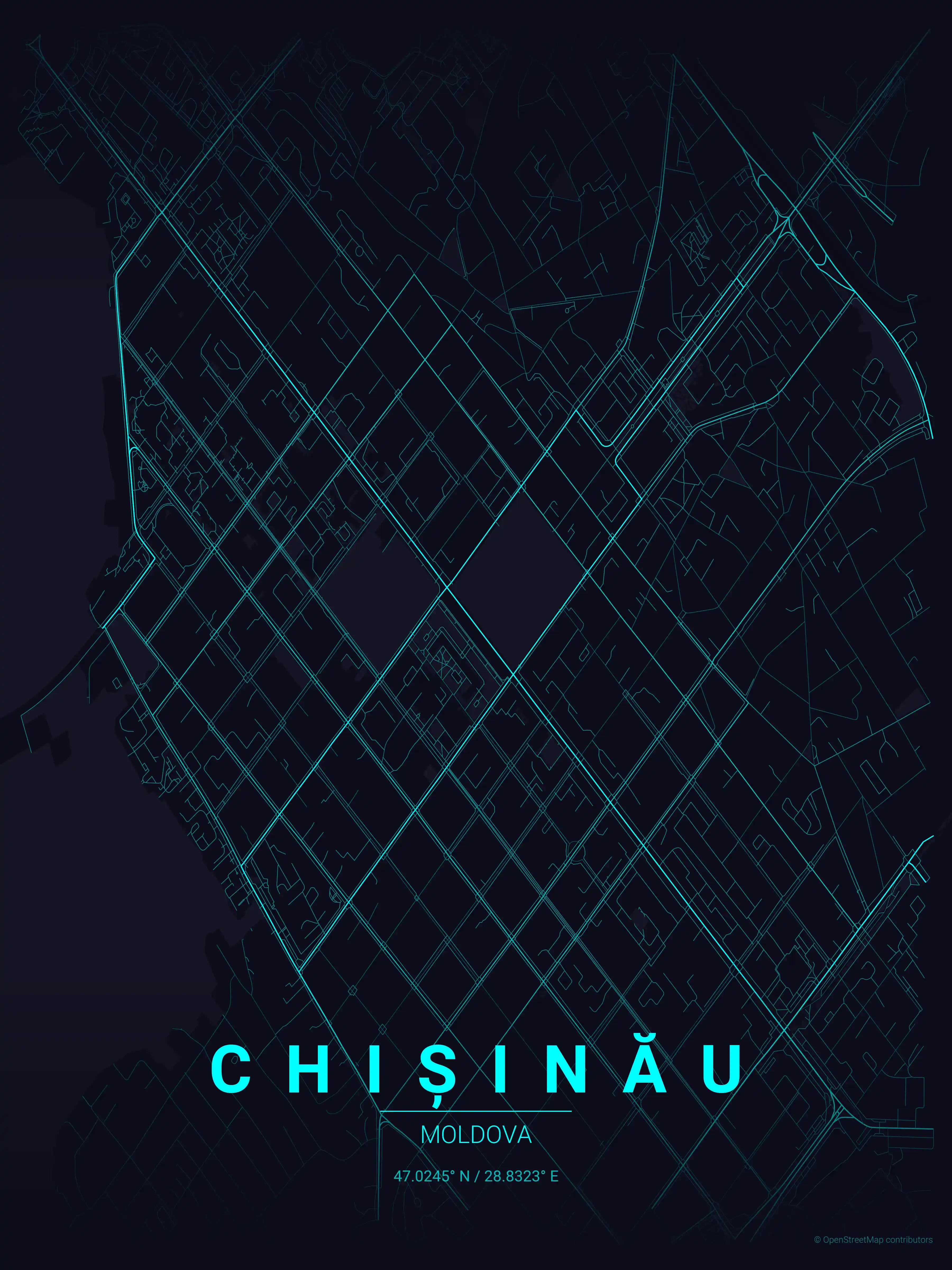Minimalist neon_cyberpunk street map of Chișinău, Moldova - Urban grid art