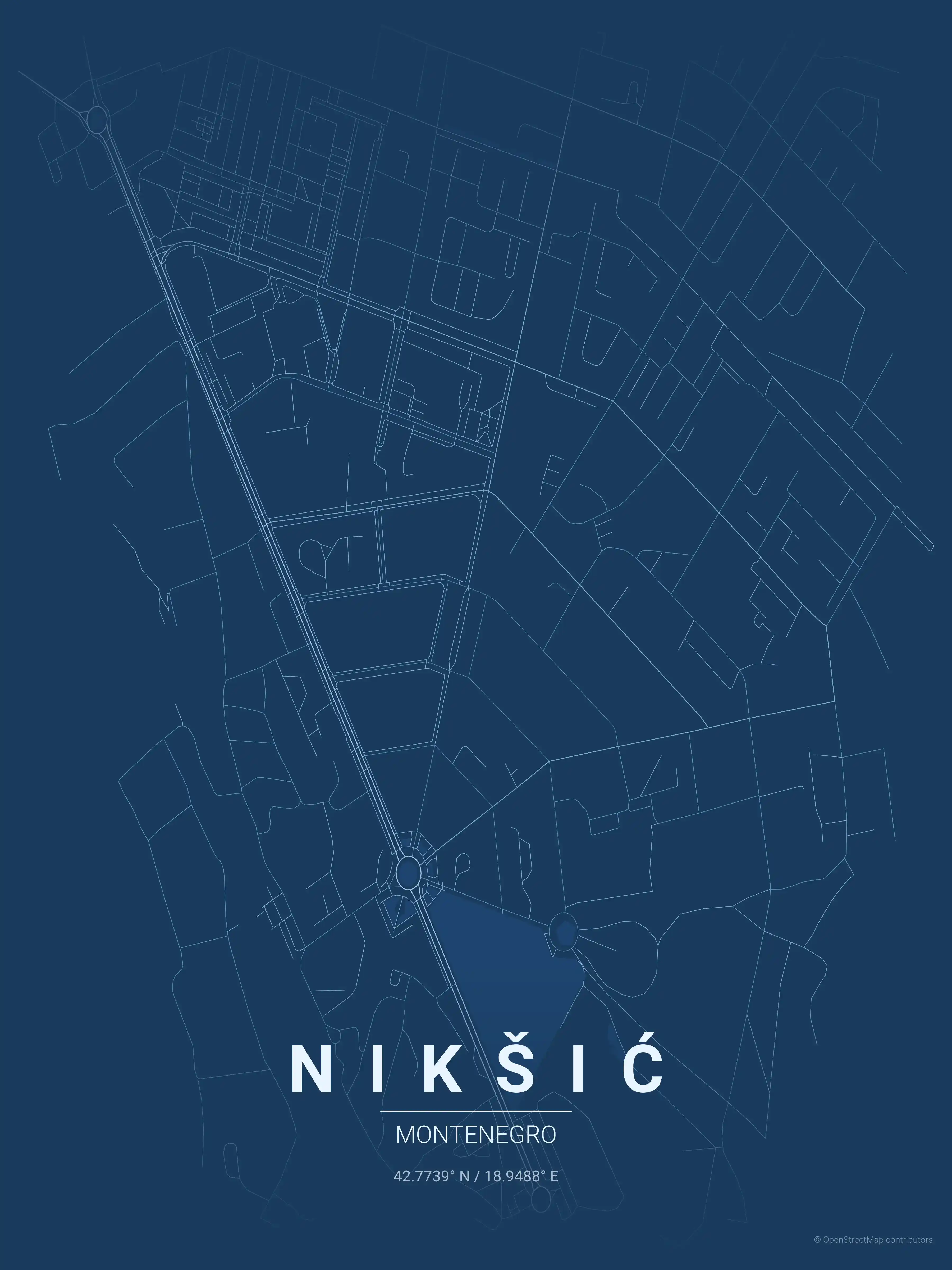 Minimalist blueprint street map of Nikšić, Montenegro - Urban grid art