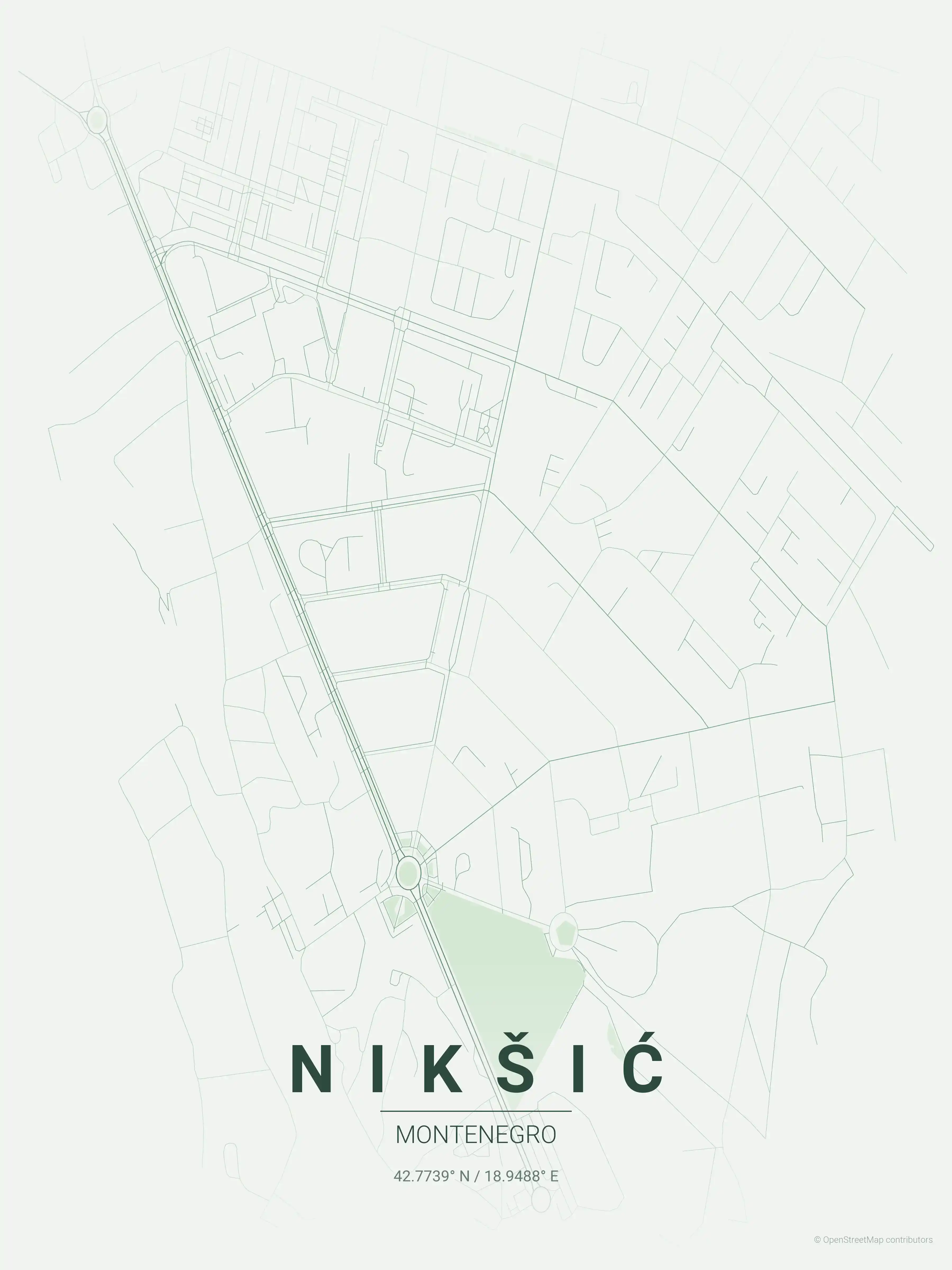 Minimalist forest street map of Nikšić, Montenegro - Urban grid art