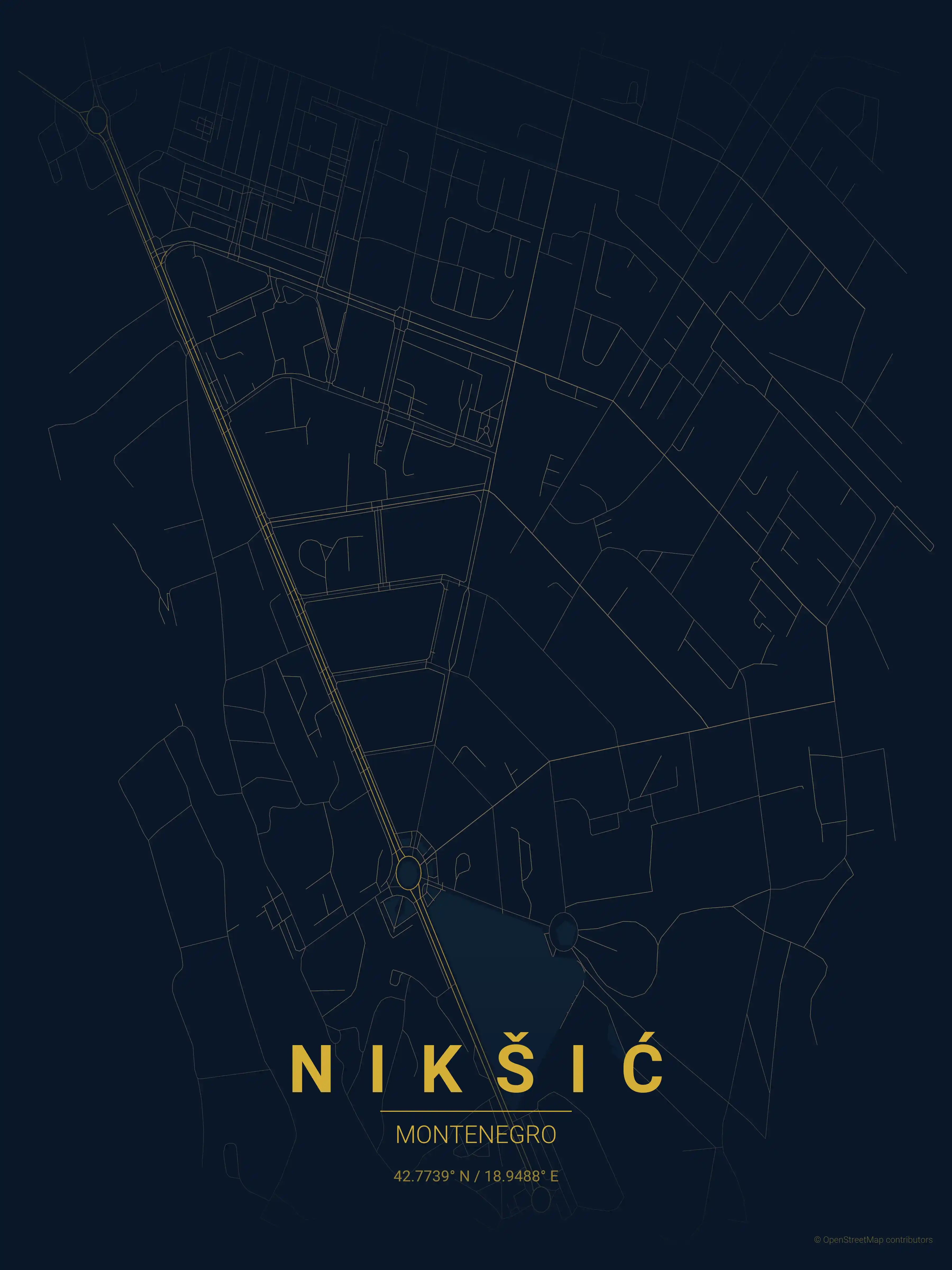 Minimalist midnight_blue street map of Nikšić, Montenegro - Urban grid art