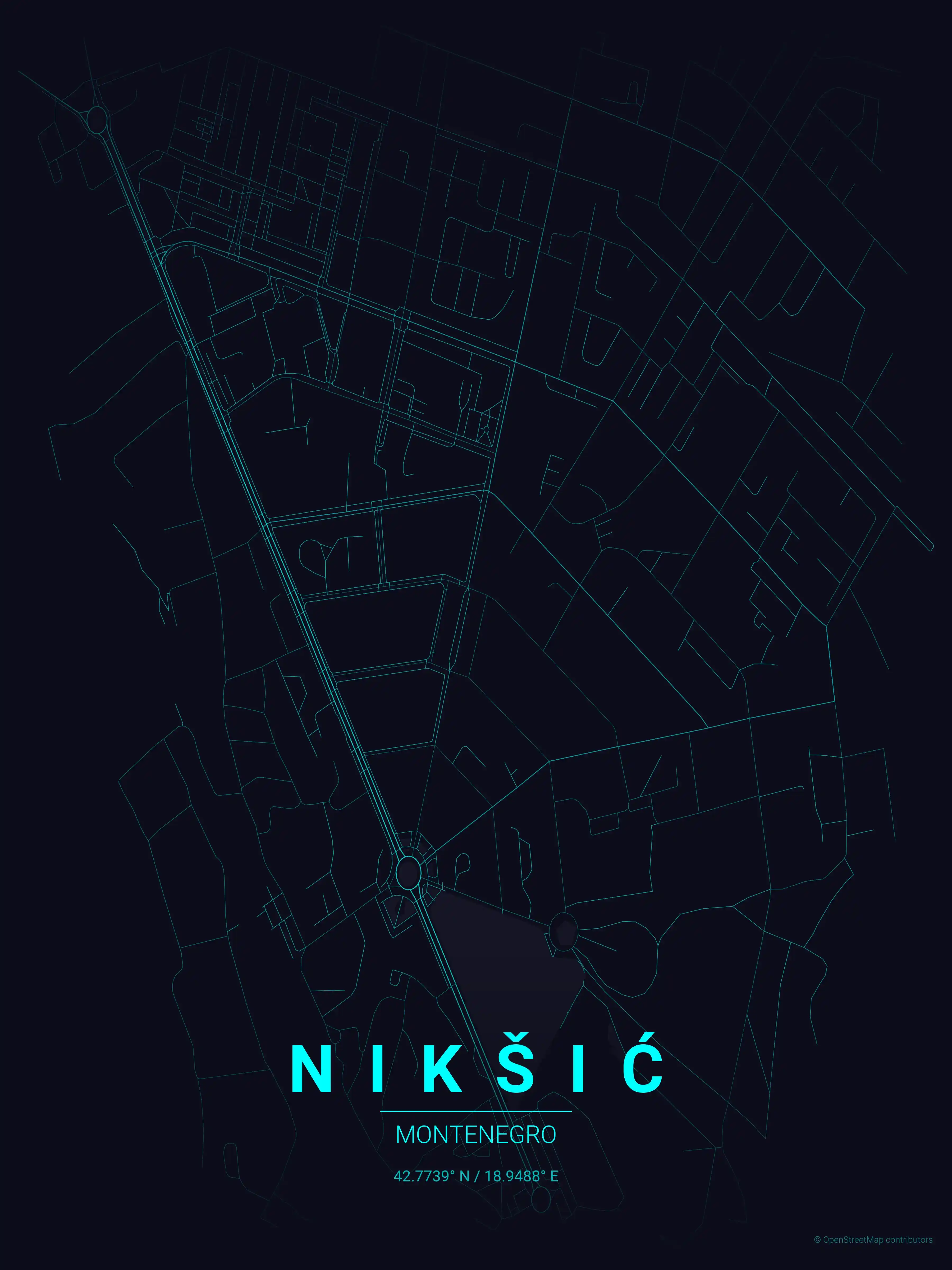 Minimalist neon_cyberpunk street map of Nikšić, Montenegro - Urban grid art