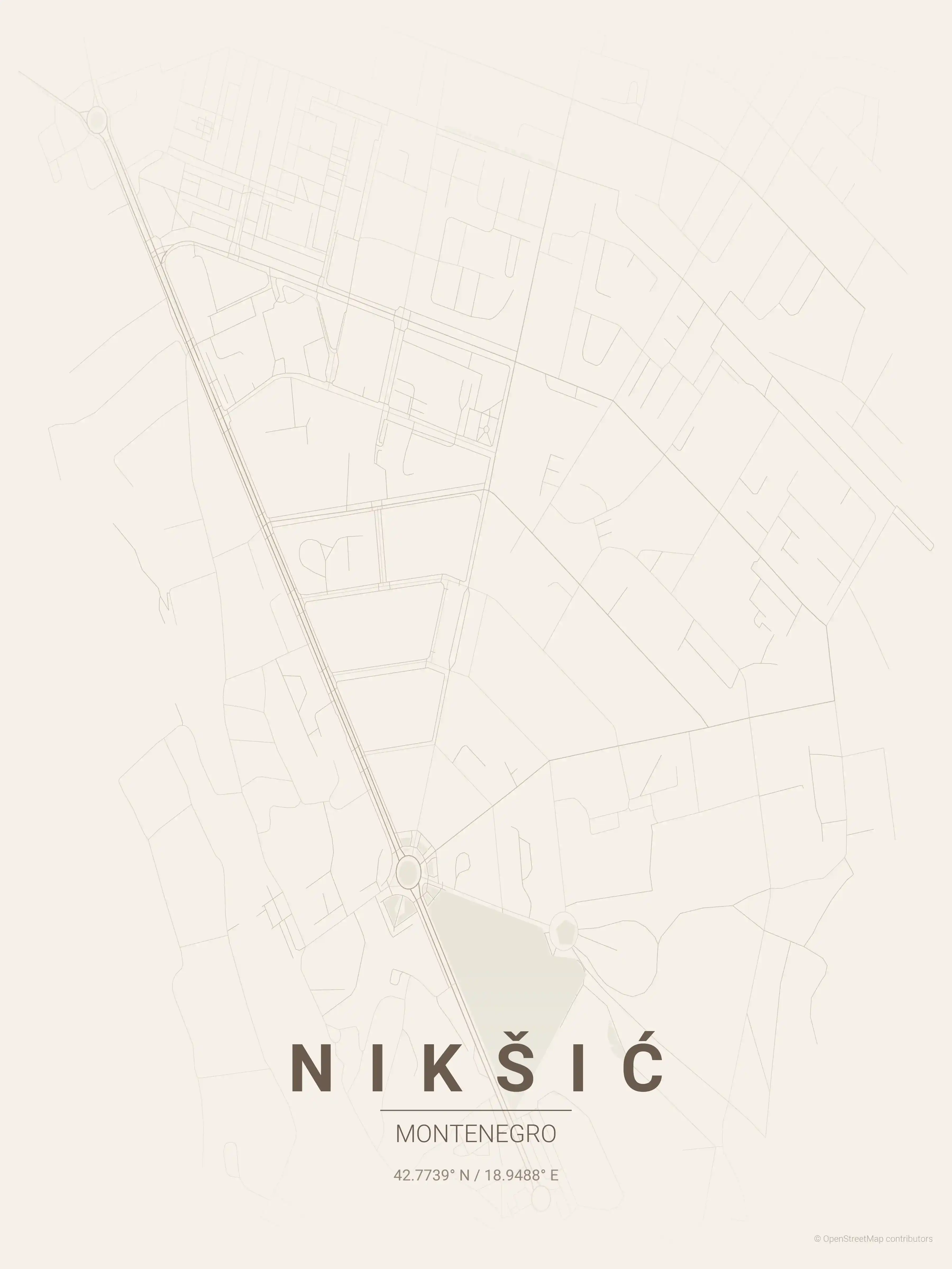 Minimalist warm_beige street map of Nikšić, Montenegro - Urban grid art