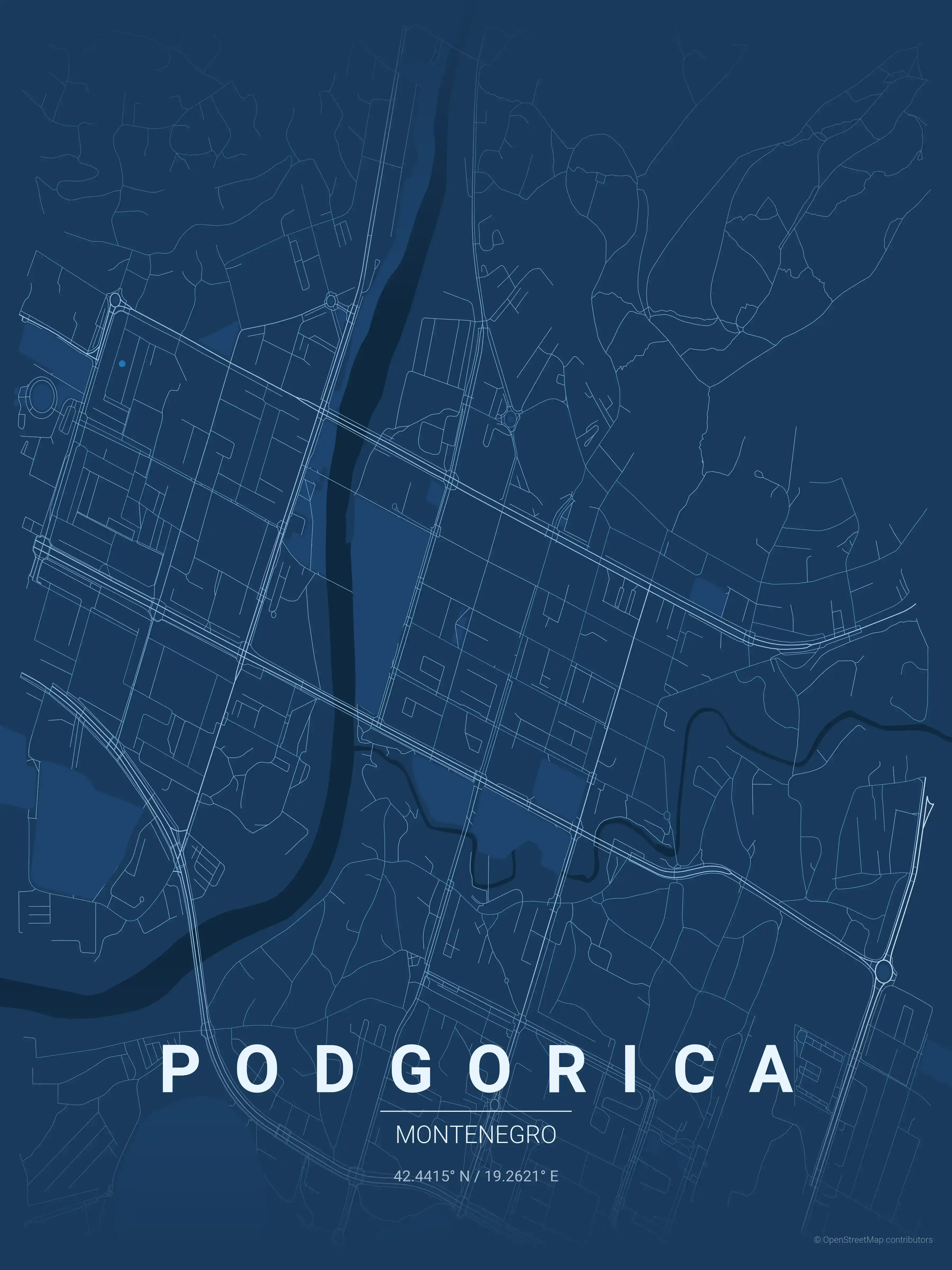 Minimalist blueprint street map of Podgorica, Montenegro - Urban grid art