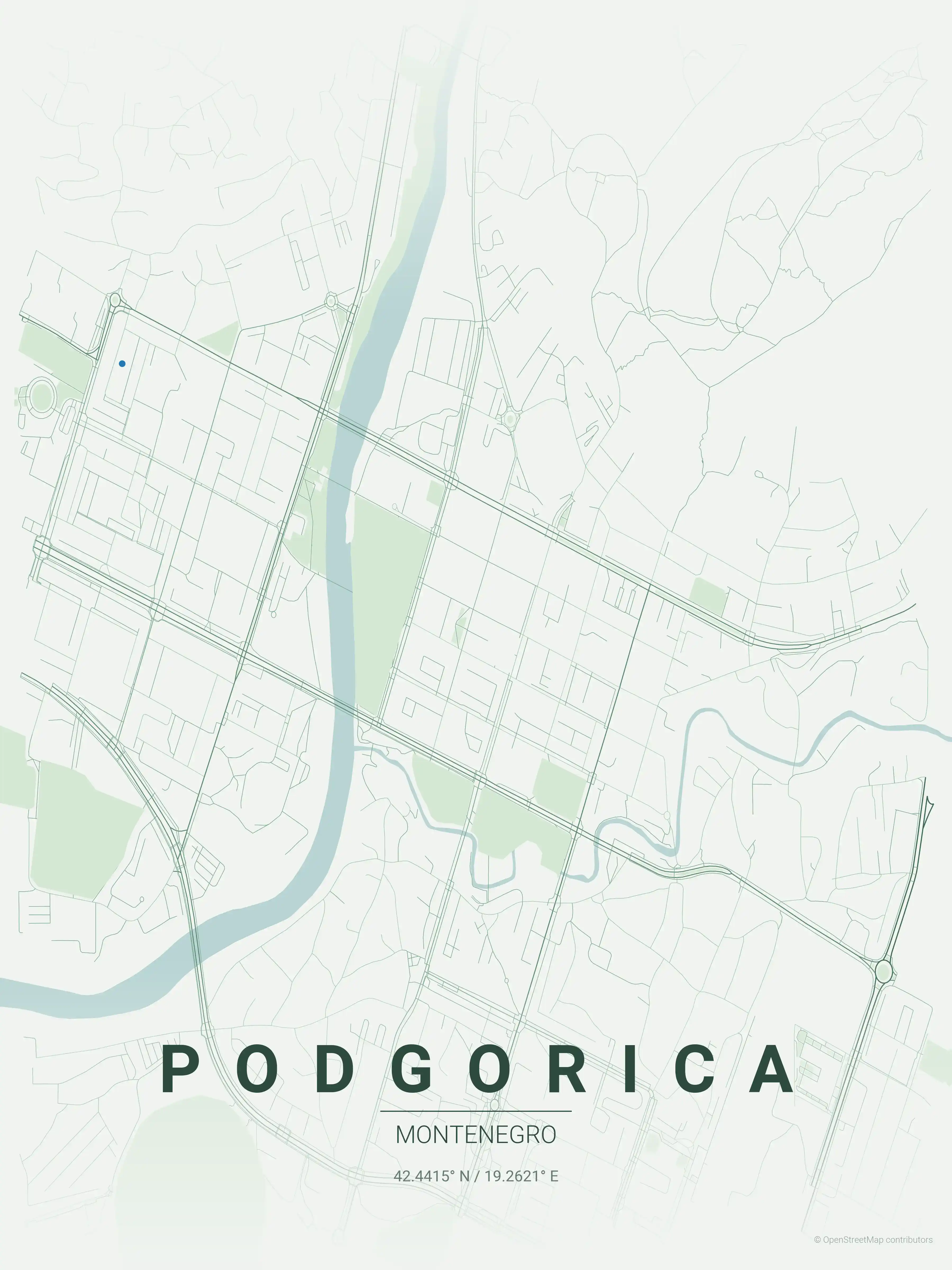 Minimalist forest street map of Podgorica, Montenegro - Urban grid art