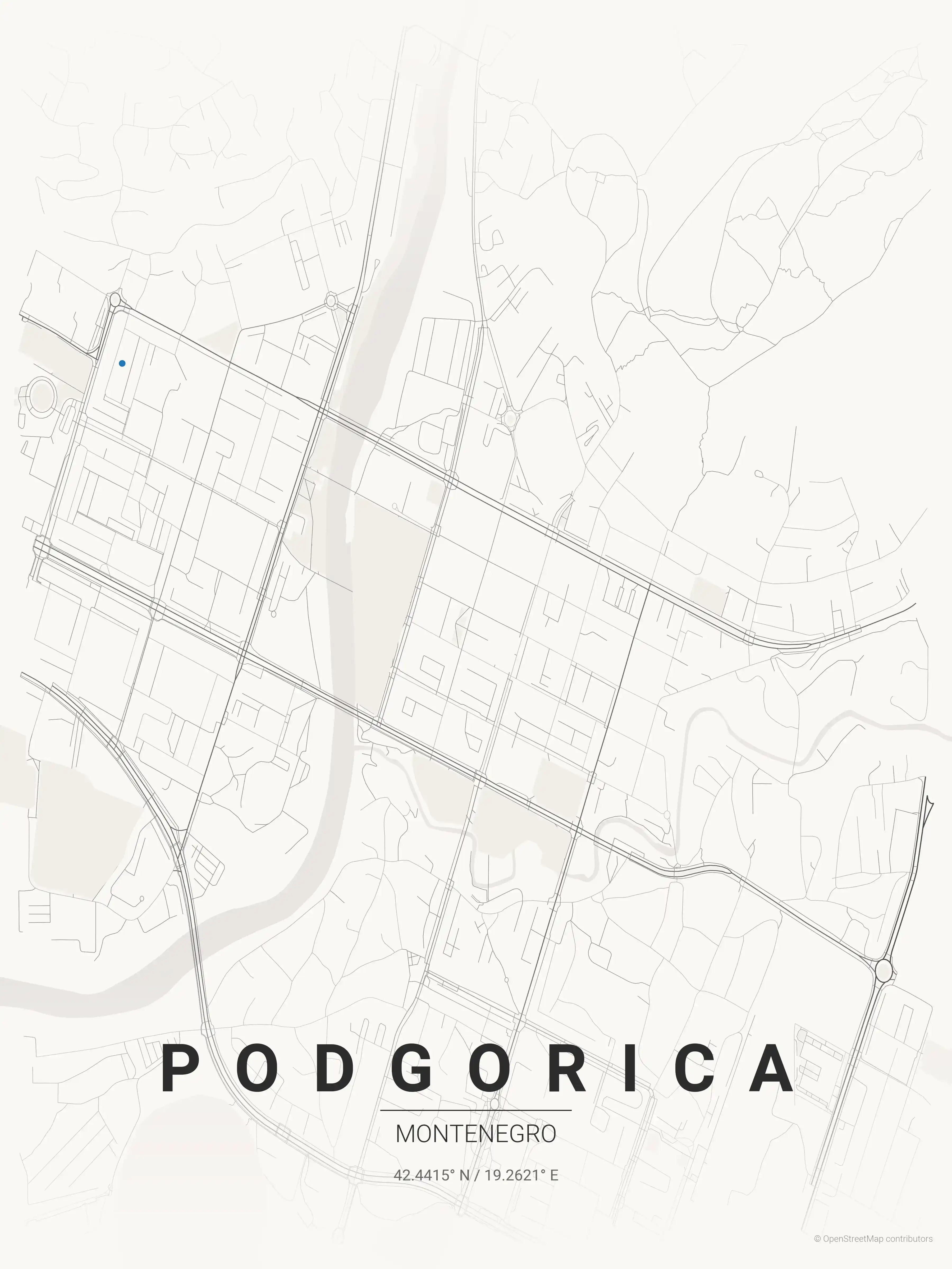 Minimalist japanese_ink street map of Podgorica, Montenegro - Urban grid art