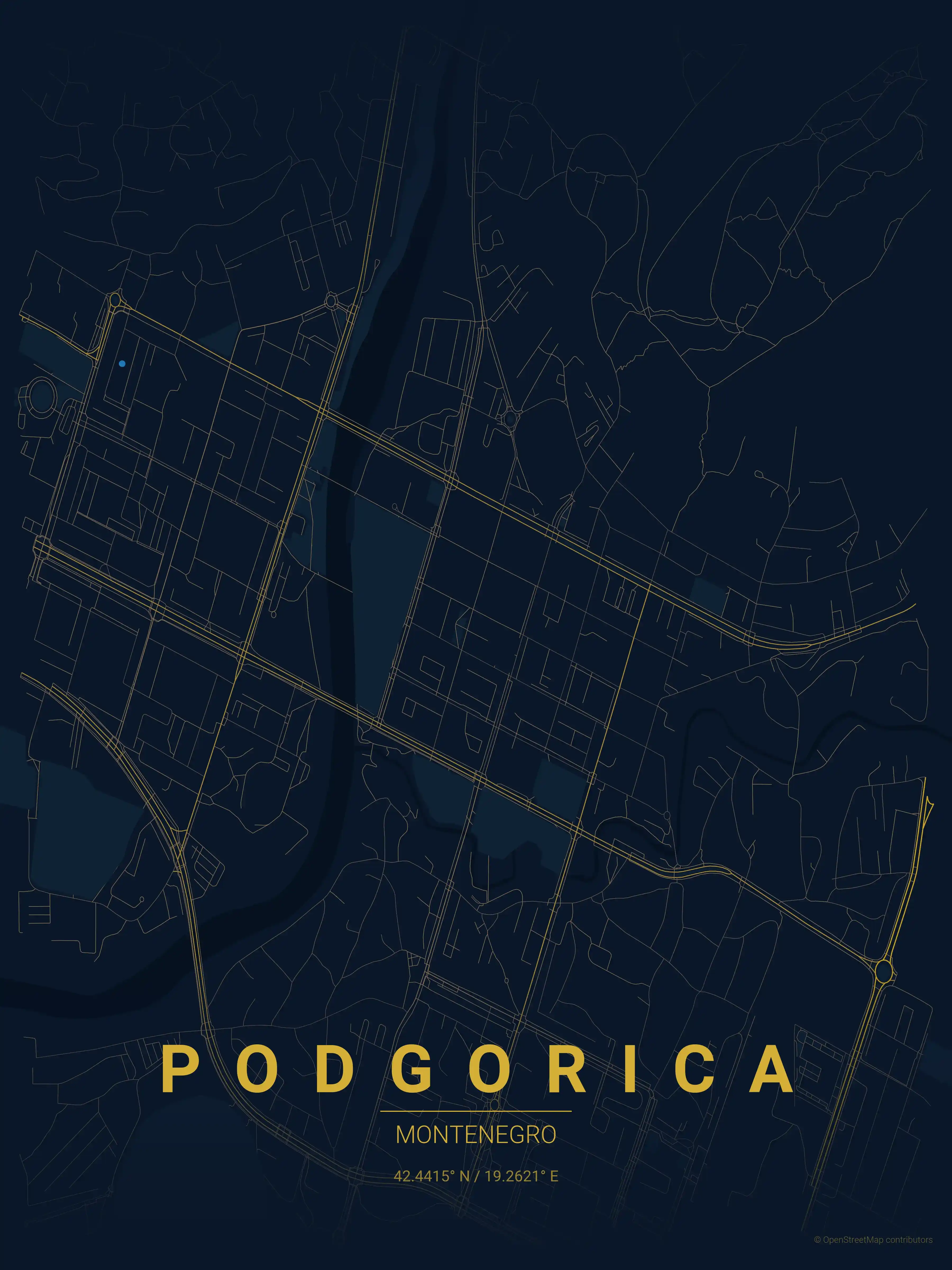 Minimalist midnight_blue street map of Podgorica, Montenegro - Urban grid art