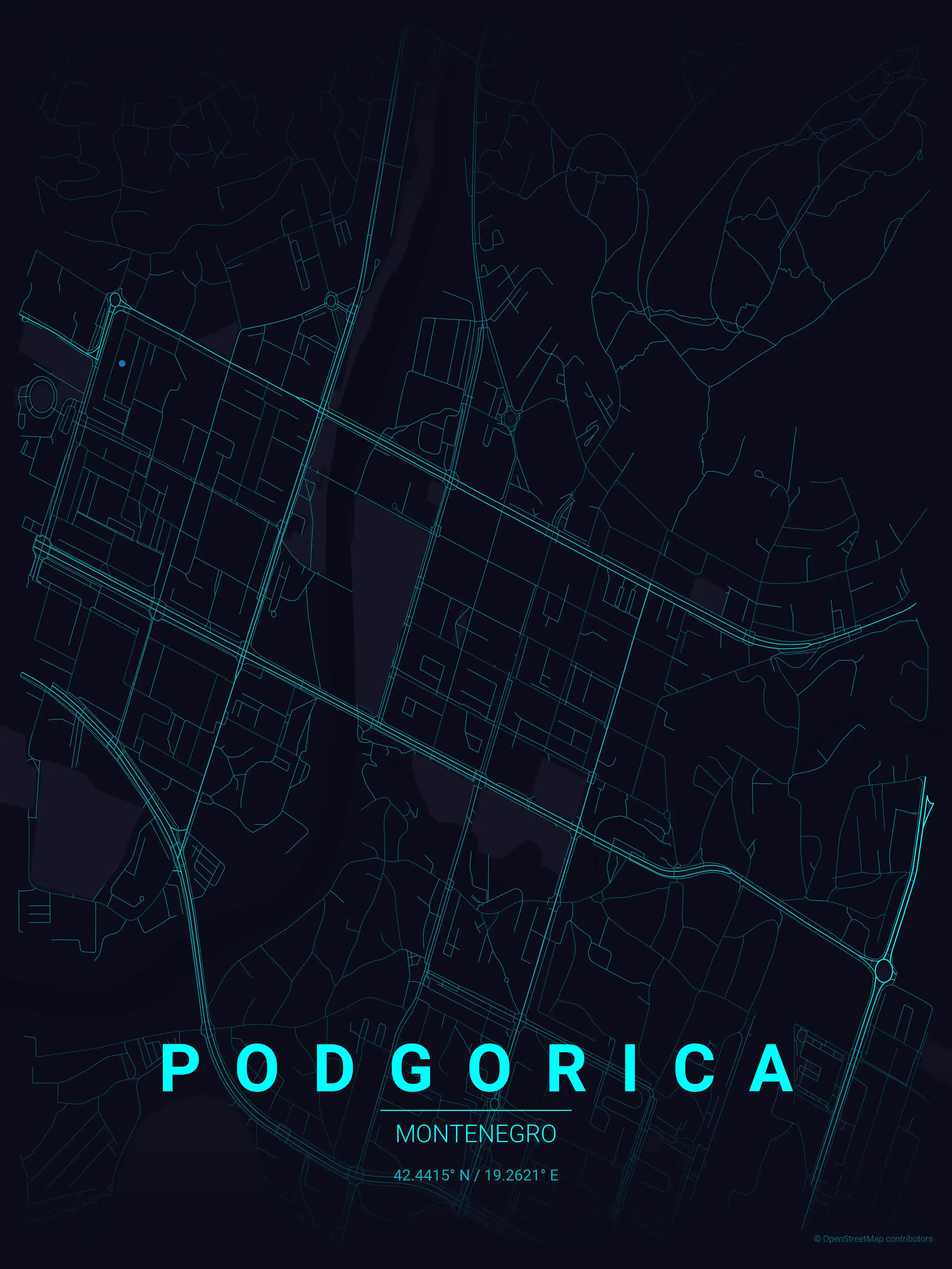Minimalist neon_cyberpunk street map of Podgorica, Montenegro - Urban grid art