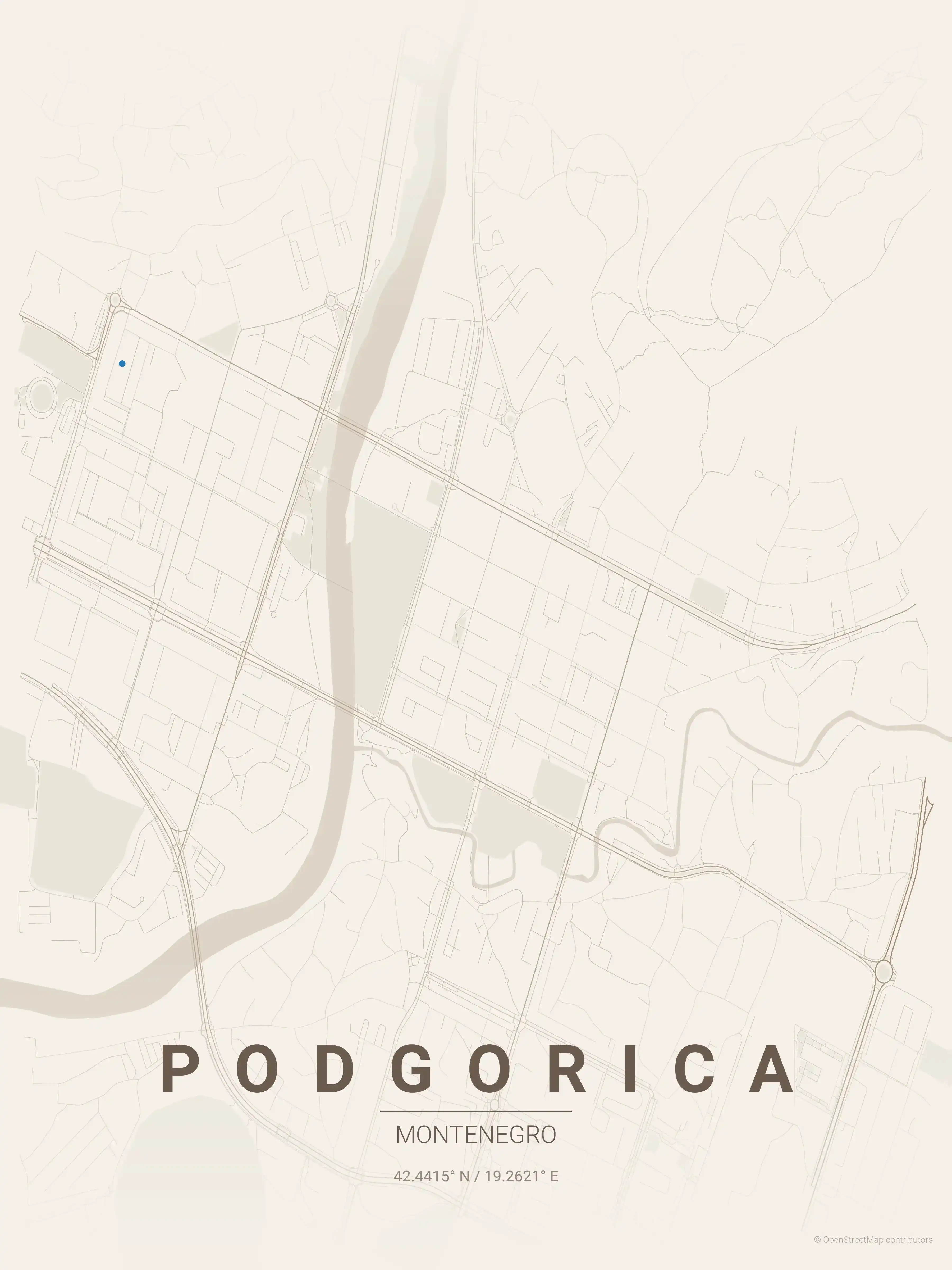 Minimalist warm_beige street map of Podgorica, Montenegro - Urban grid art