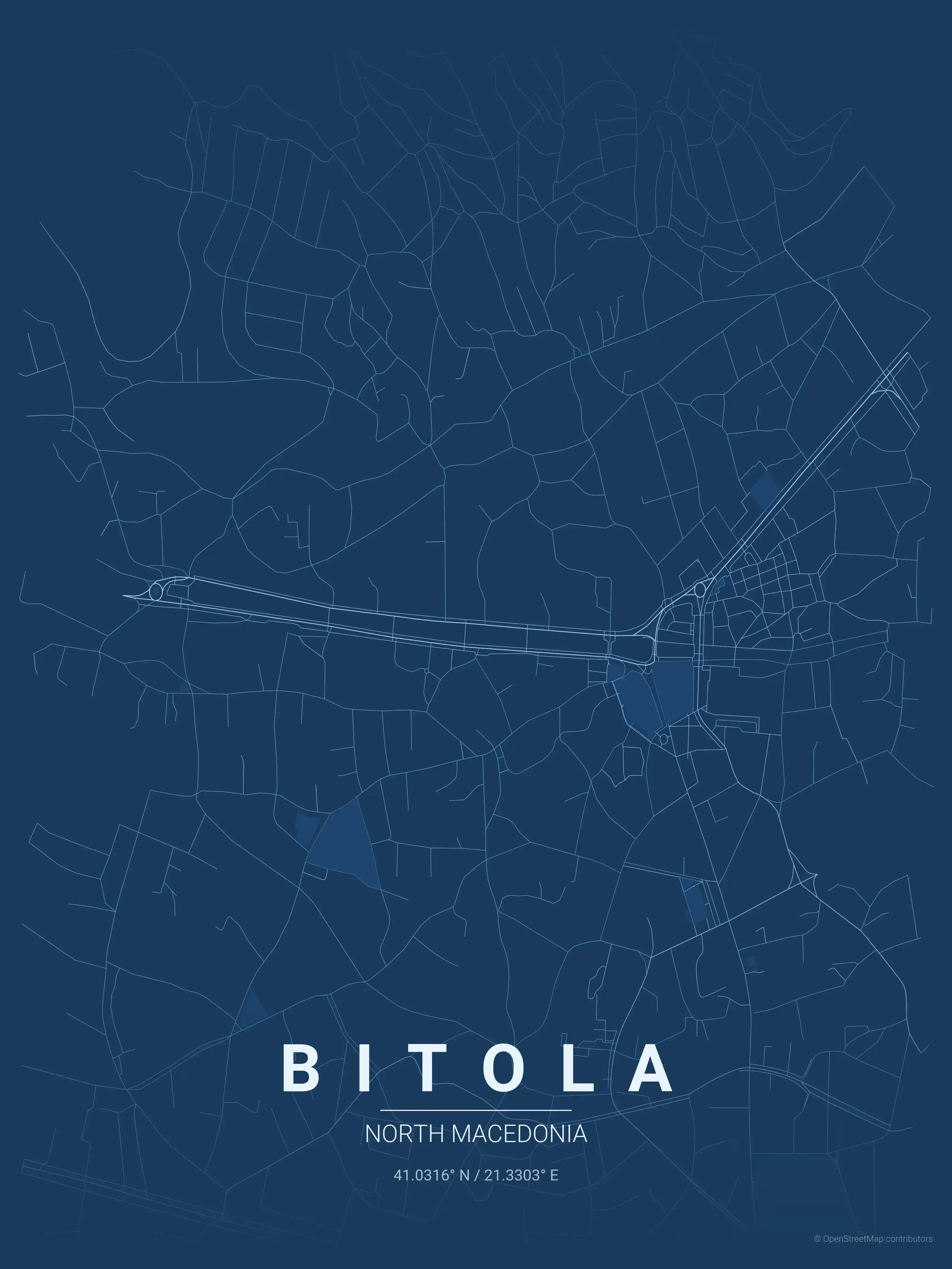 Minimalist blueprint street map of Bitola, North Macedonia - Urban grid art