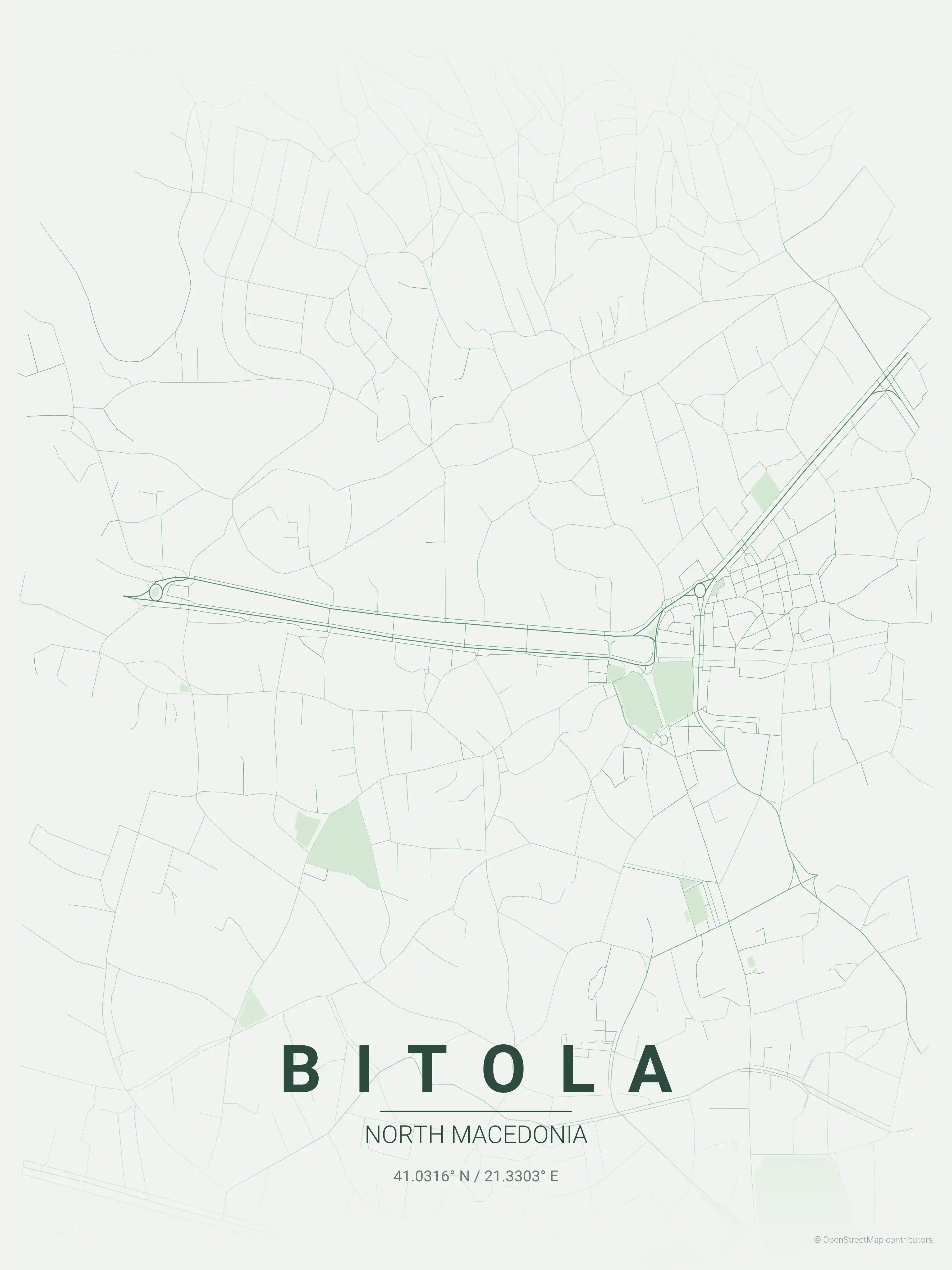 Minimalist forest street map of Bitola, North Macedonia - Urban grid art