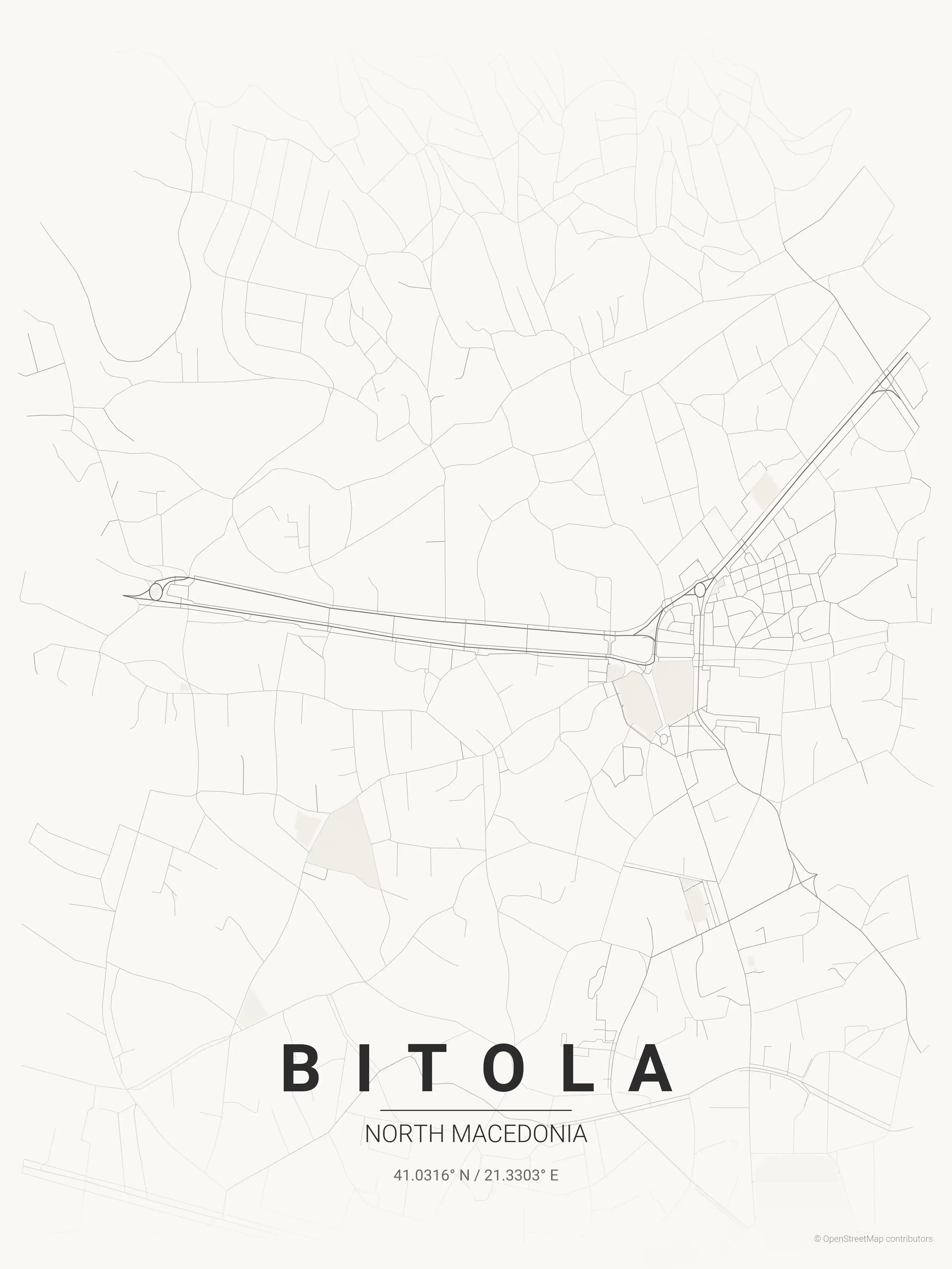 Minimalist japanese_ink street map of Bitola, North Macedonia - Urban grid art