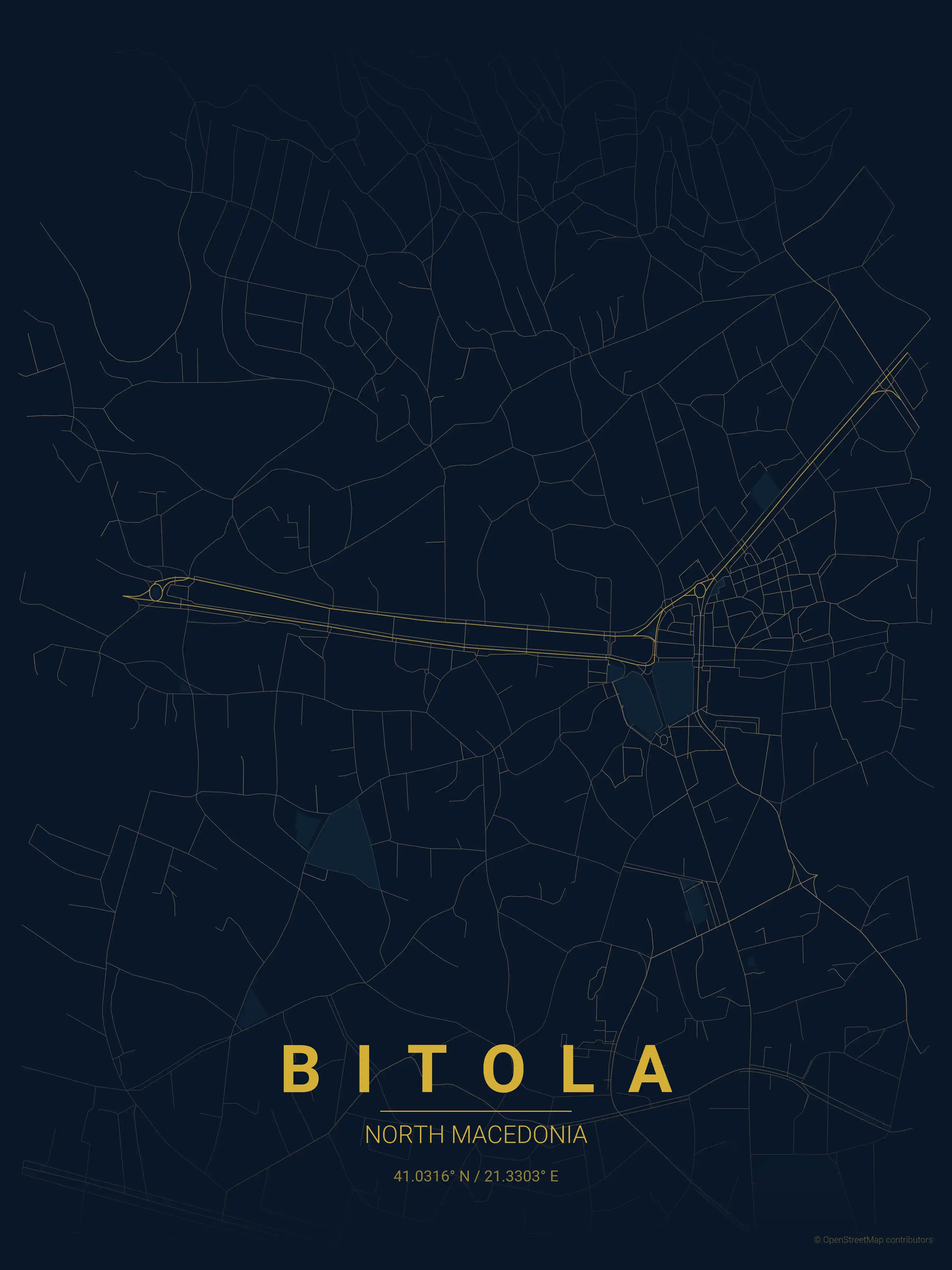 Minimalist midnight_blue street map of Bitola, North Macedonia - Urban grid art