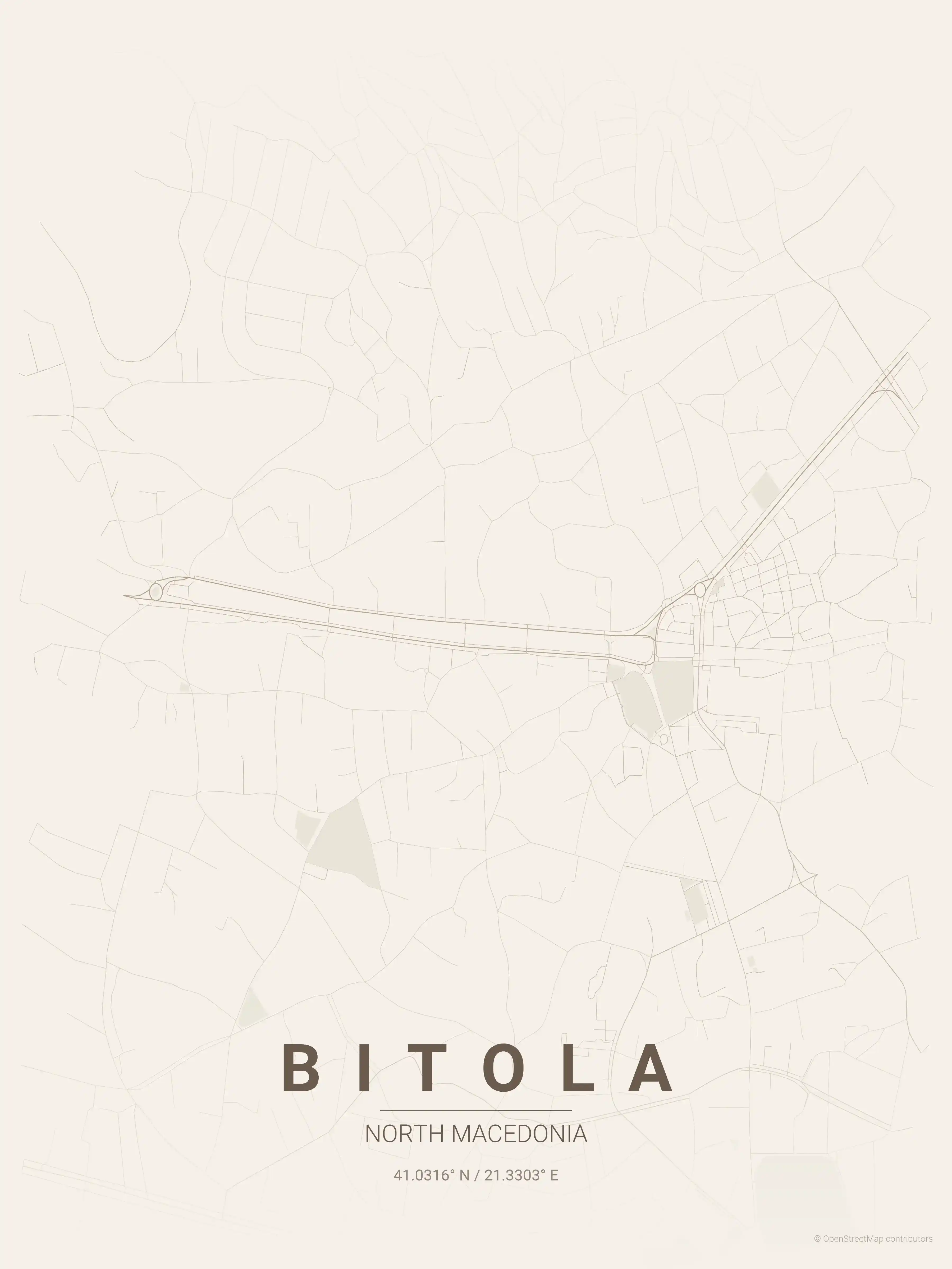 Minimalist warm_beige street map of Bitola, North Macedonia - Urban grid art