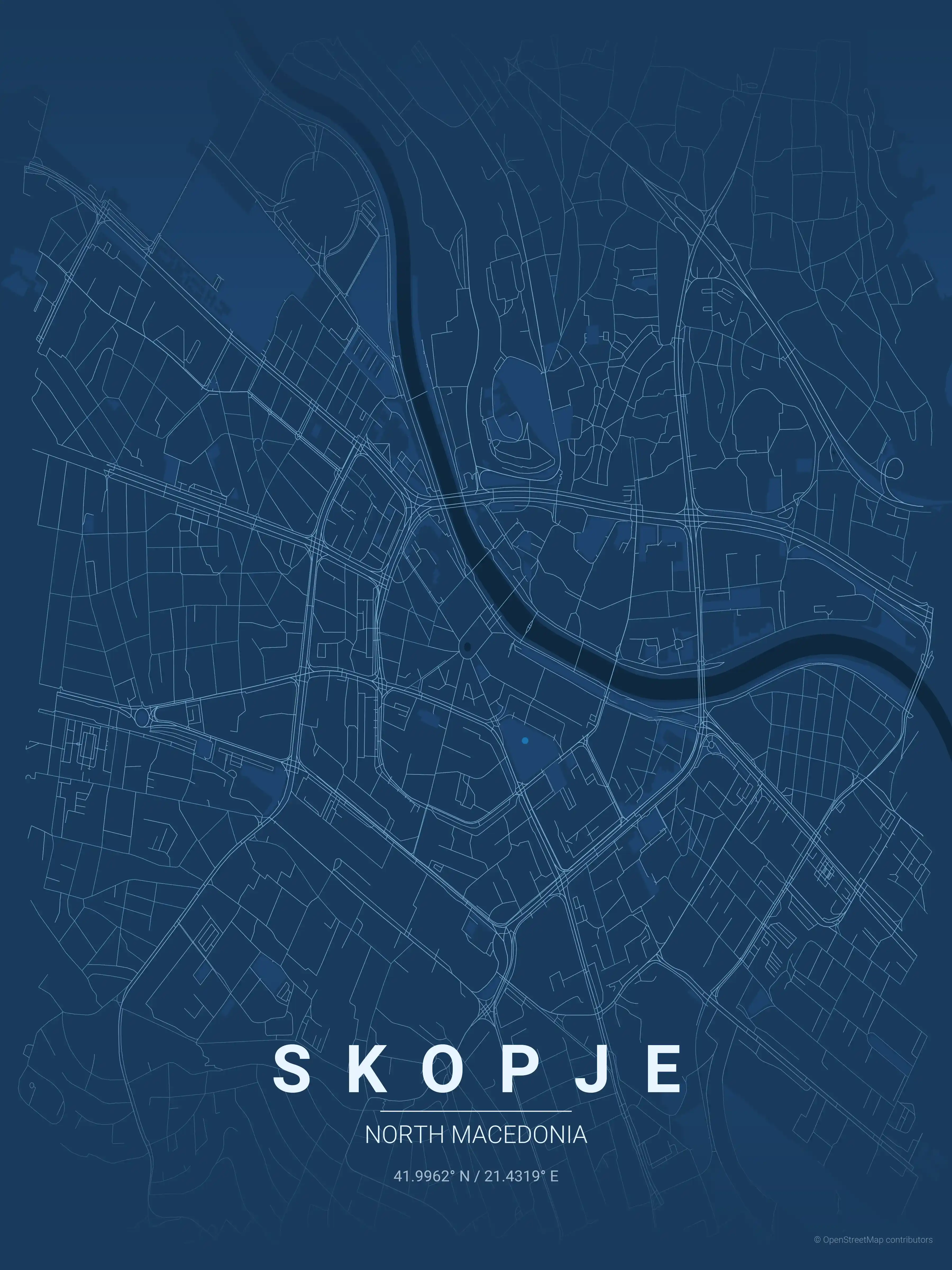 Minimalist blueprint street map of Skopje, North Macedonia - Urban grid art