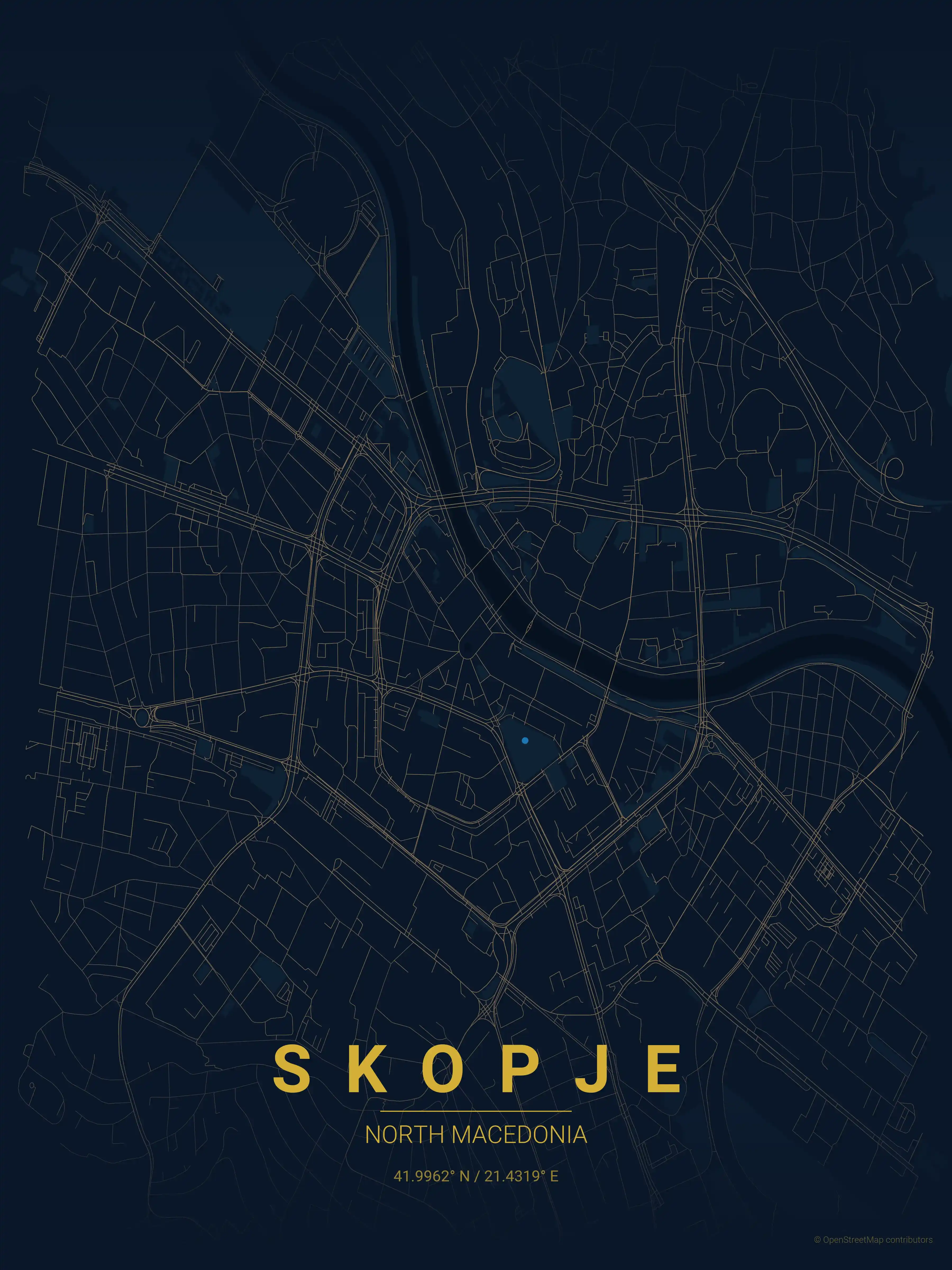 Minimalist midnight_blue street map of Skopje, North Macedonia - Urban grid art