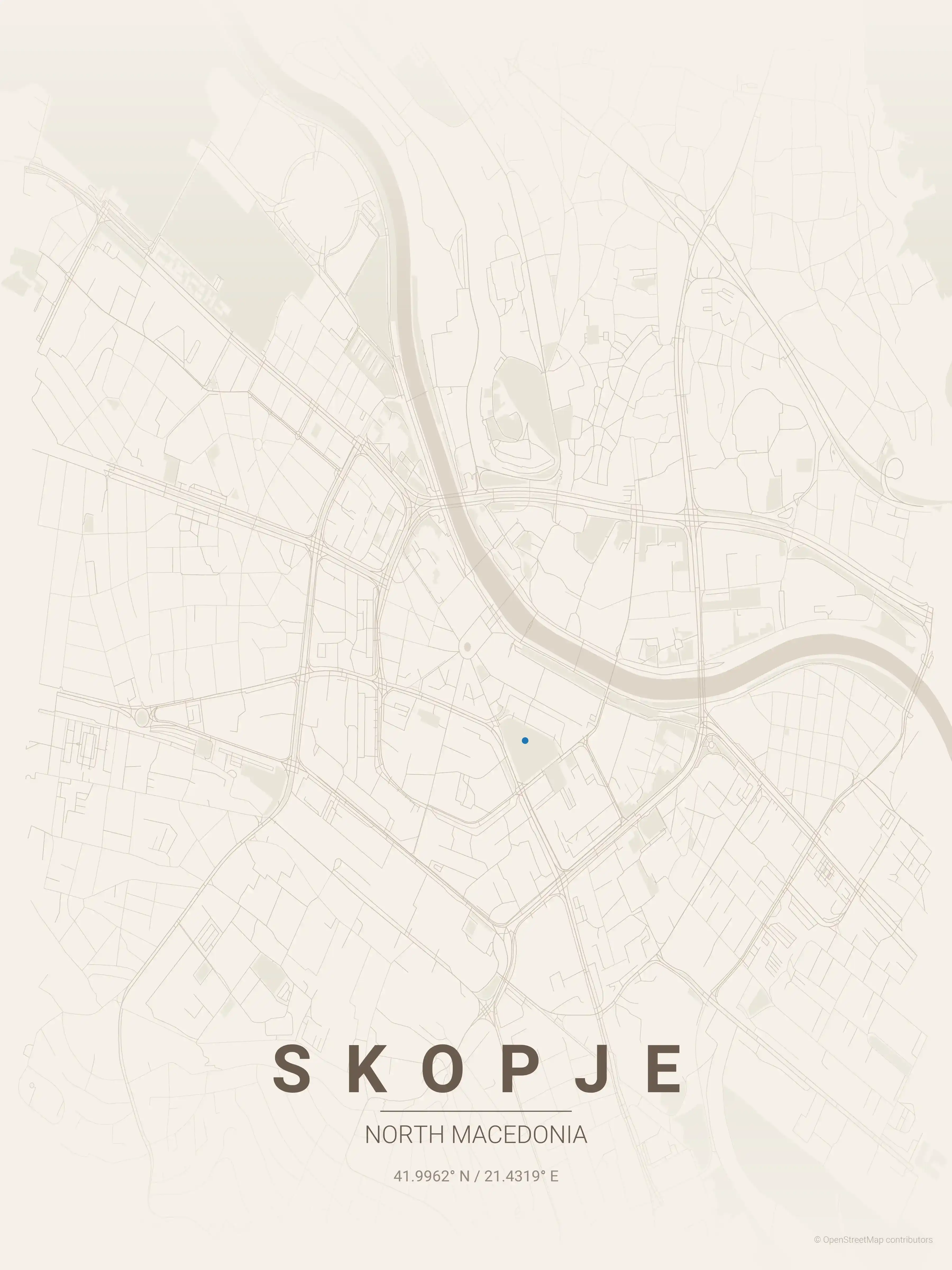 Minimalist warm_beige street map of Skopje, North Macedonia - Urban grid art