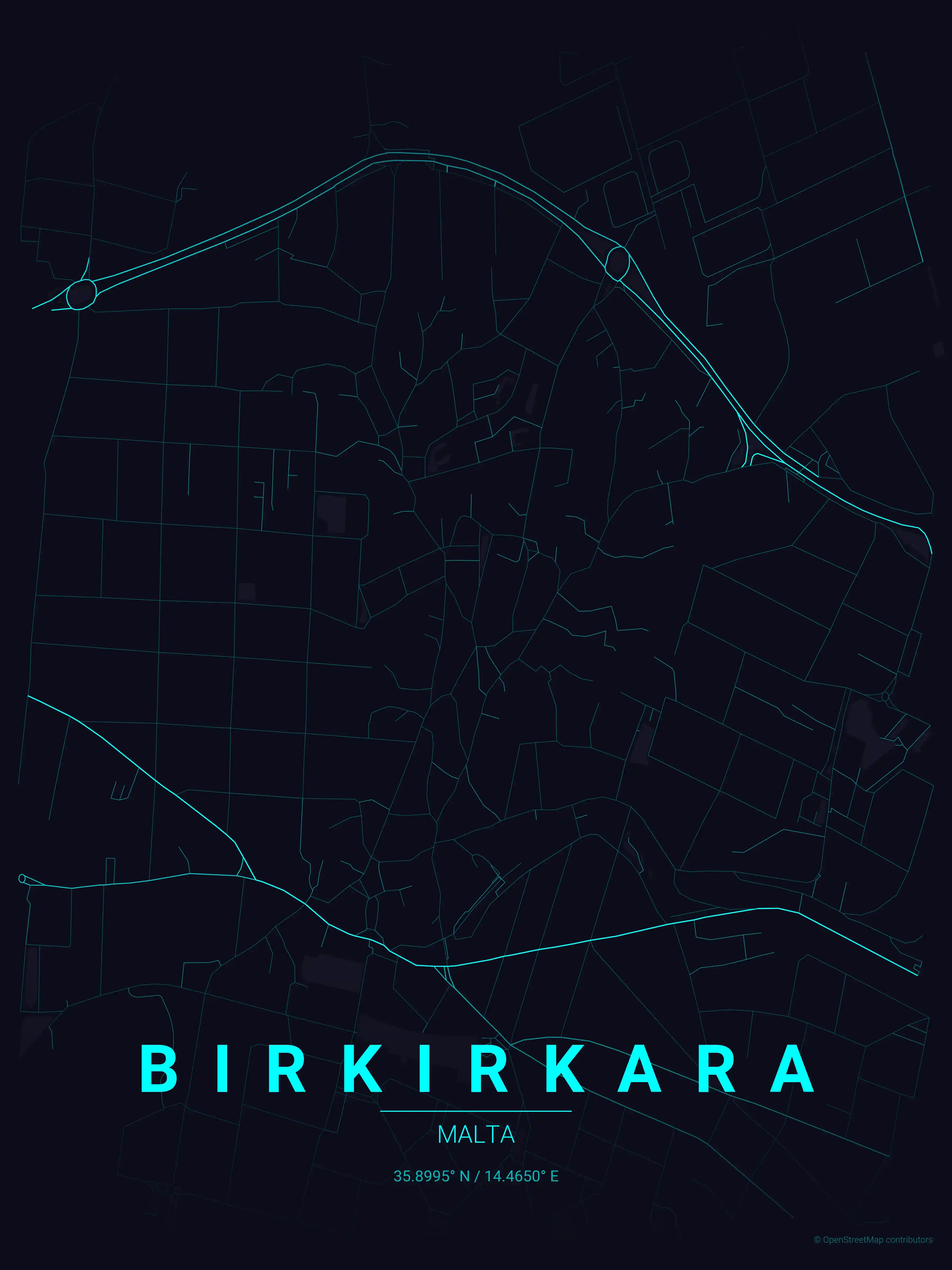 Minimalist neon_cyberpunk street map of Birkirkara, Malta - Urban grid art