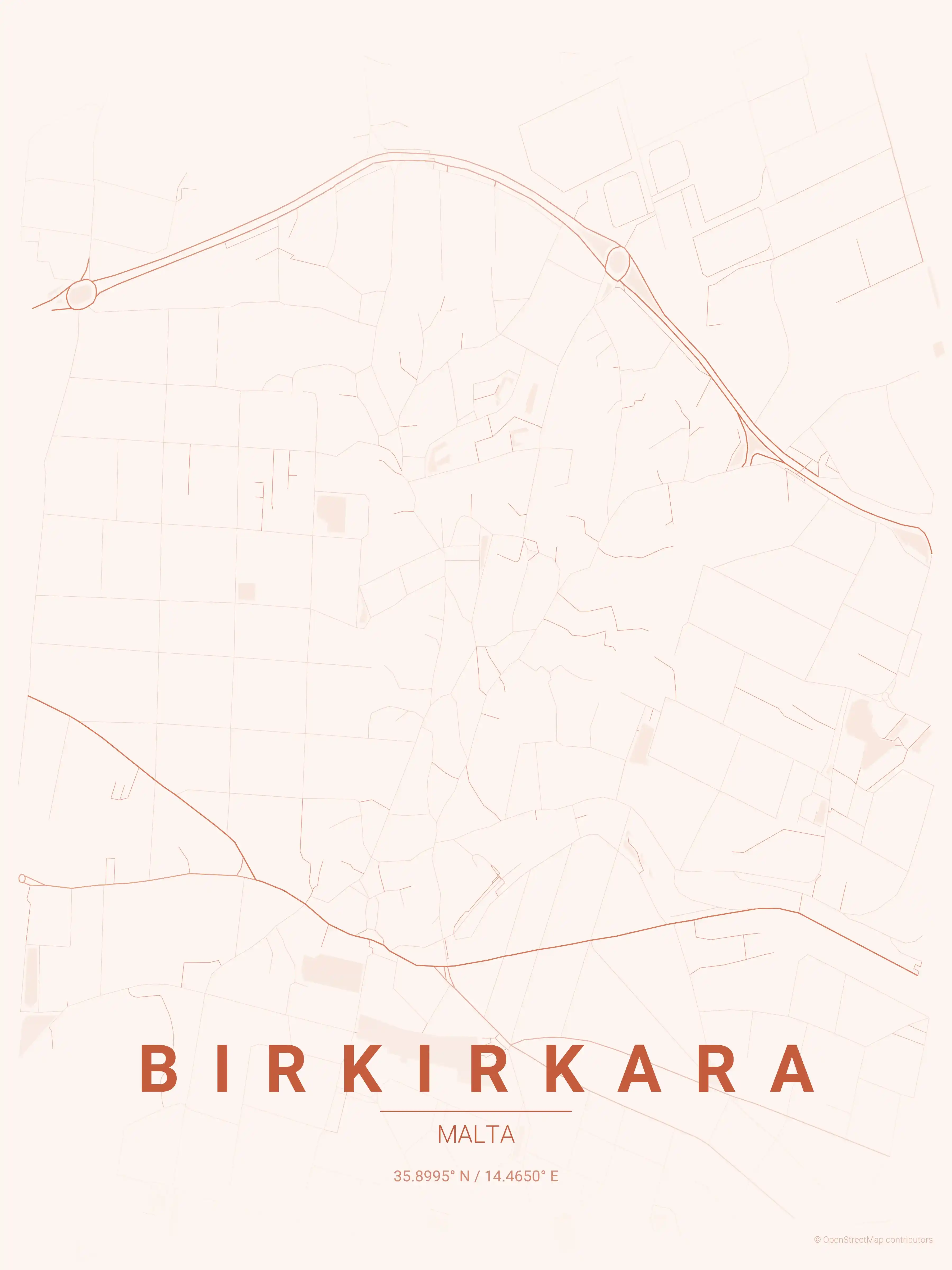 Minimalist sunset street map of Birkirkara, Malta - Urban grid art