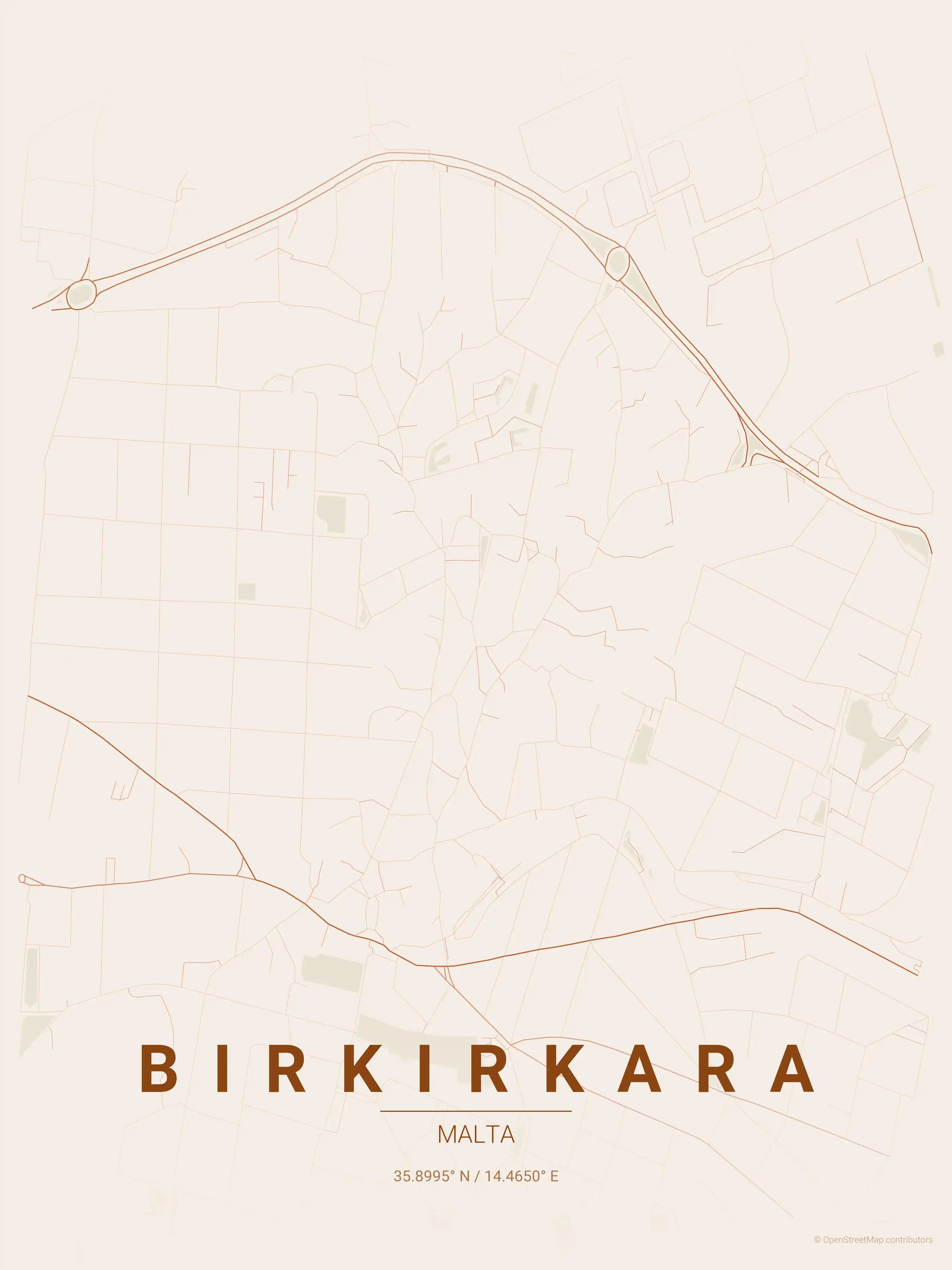 Minimalist terracotta street map of Birkirkara, Malta - Urban grid art