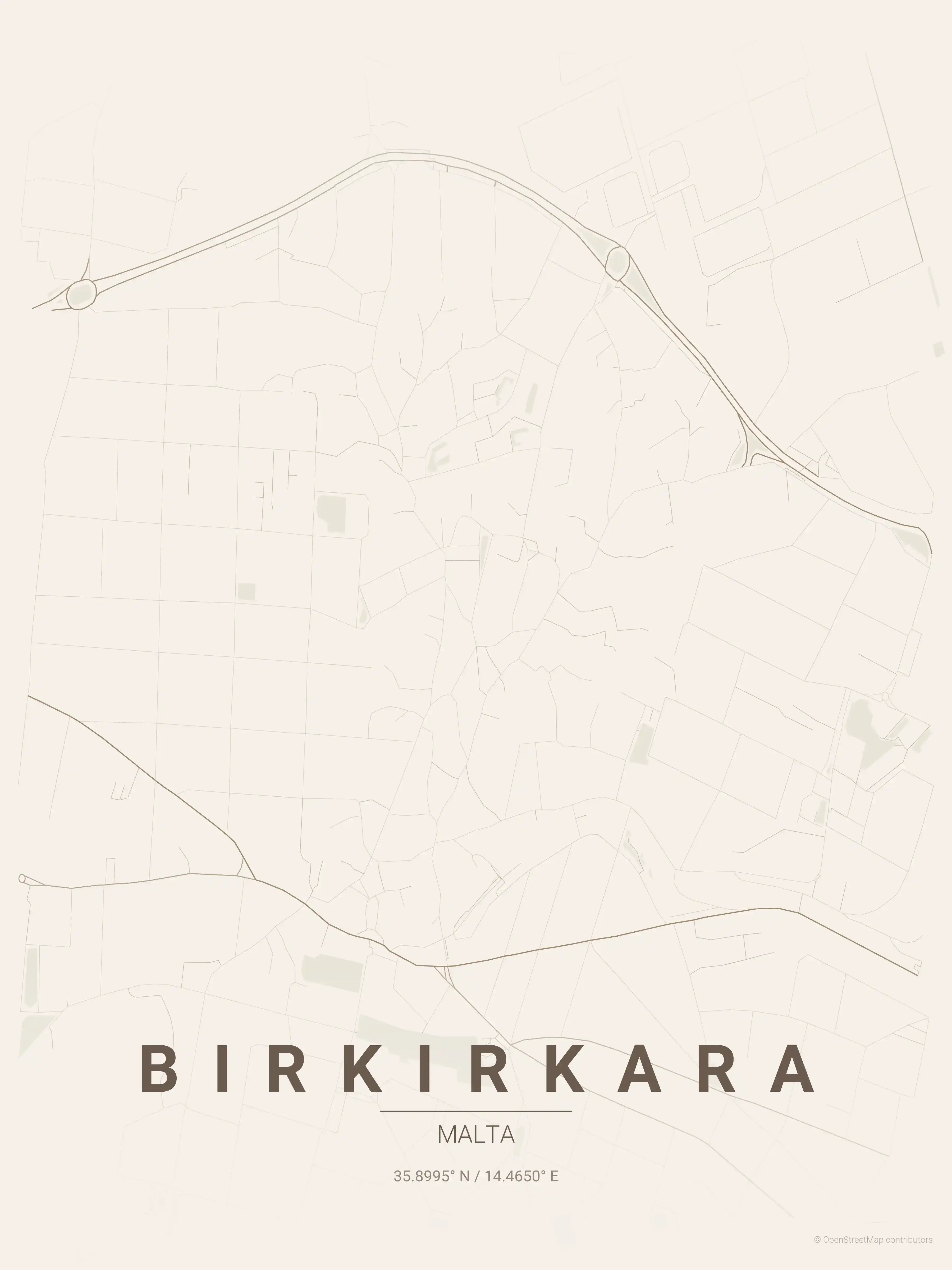 Minimalist warm_beige street map of Birkirkara, Malta - Urban grid art
