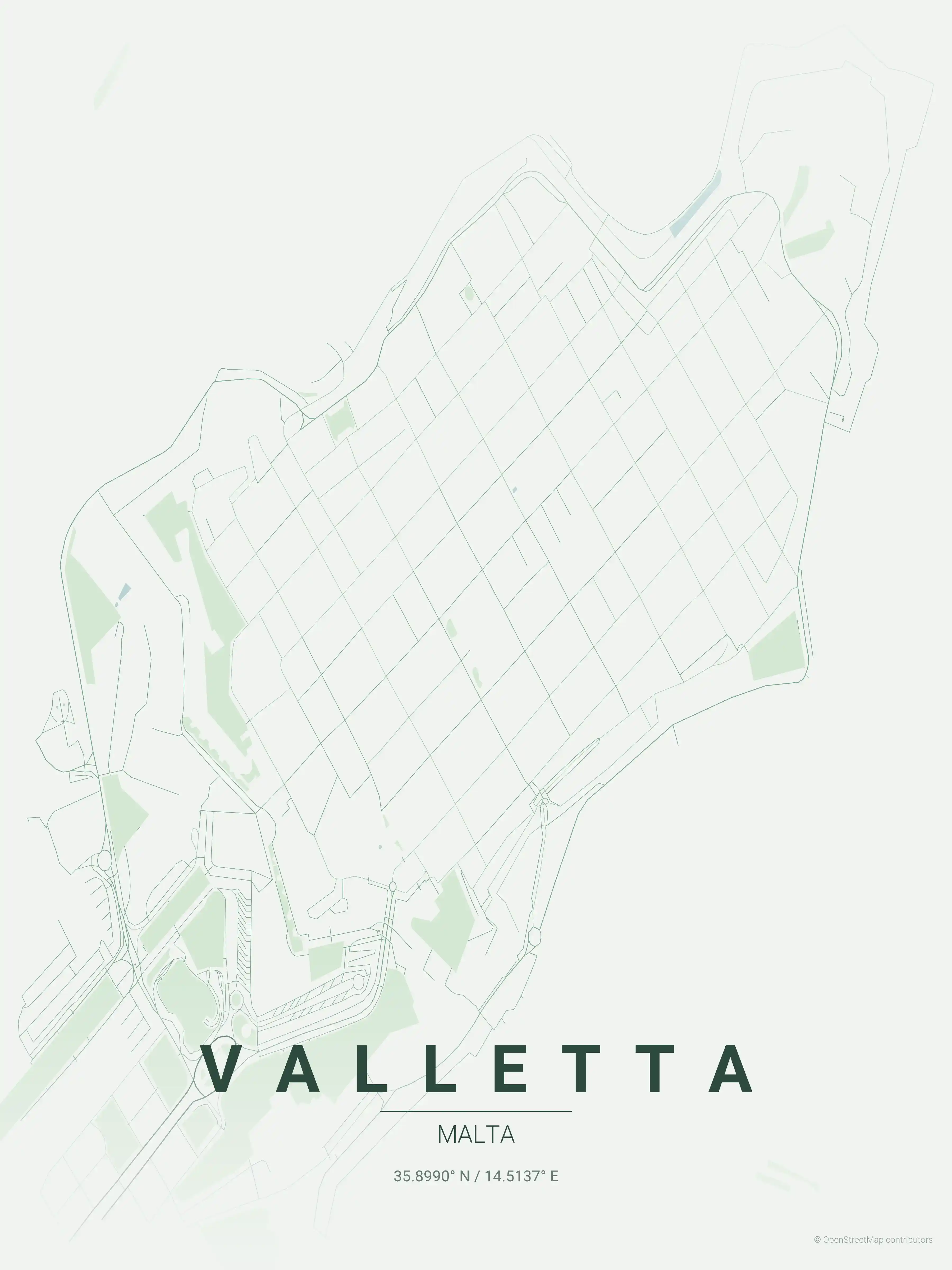 Minimalist forest street map of Valletta, Malta - Urban grid art