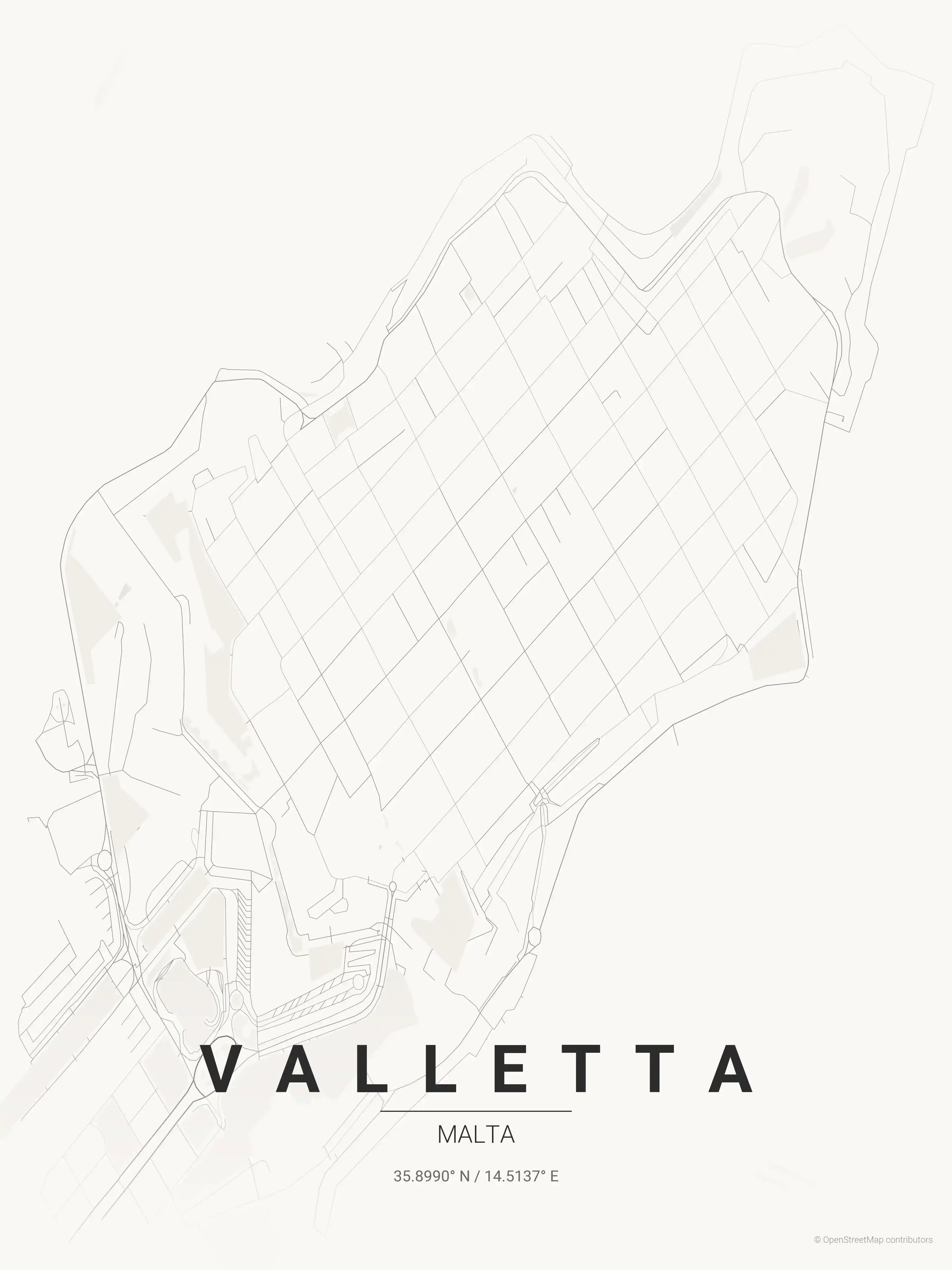 Minimalist japanese_ink street map of Valletta, Malta - Urban grid art