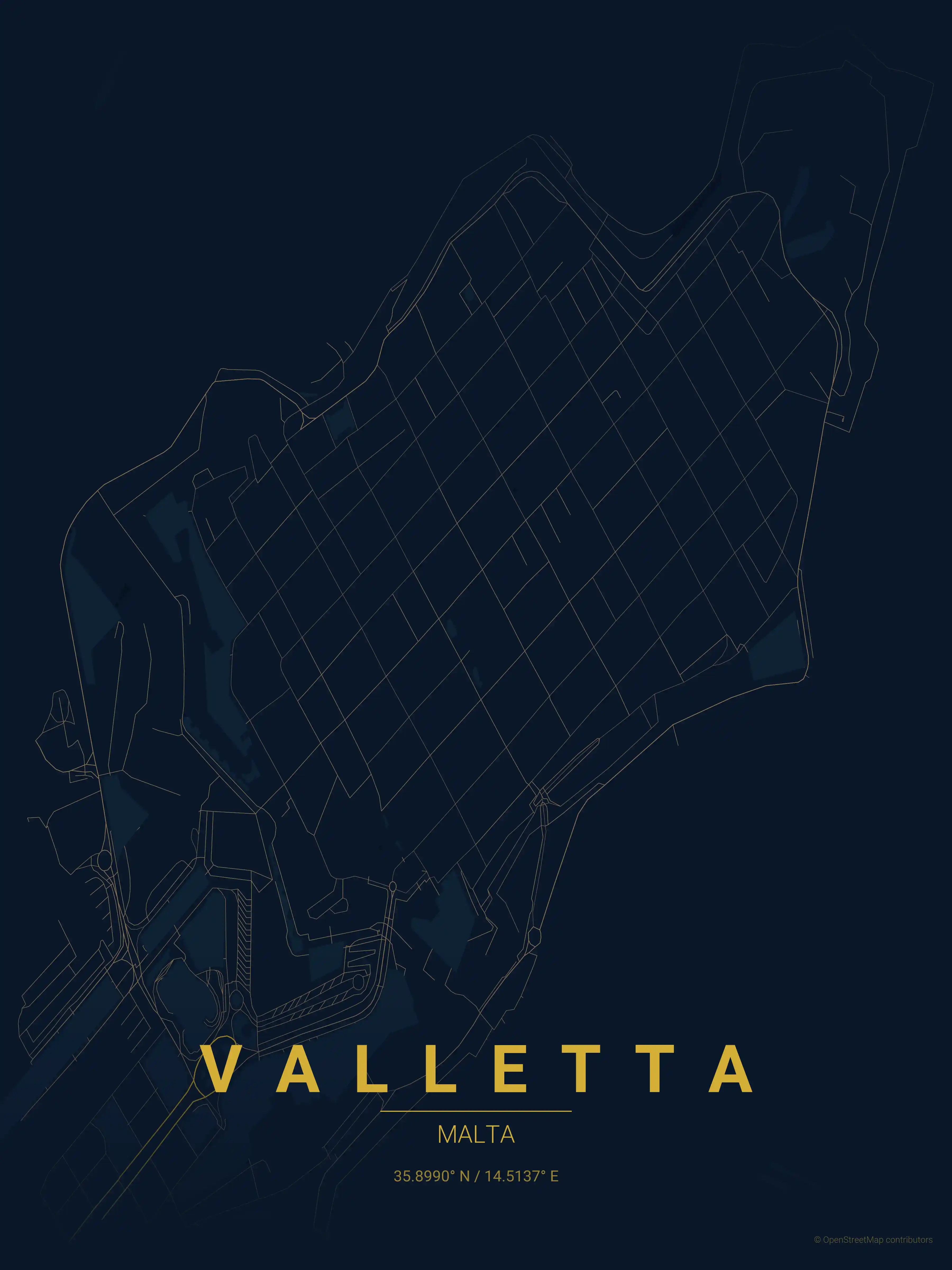 Minimalist midnight_blue street map of Valletta, Malta - Urban grid art
