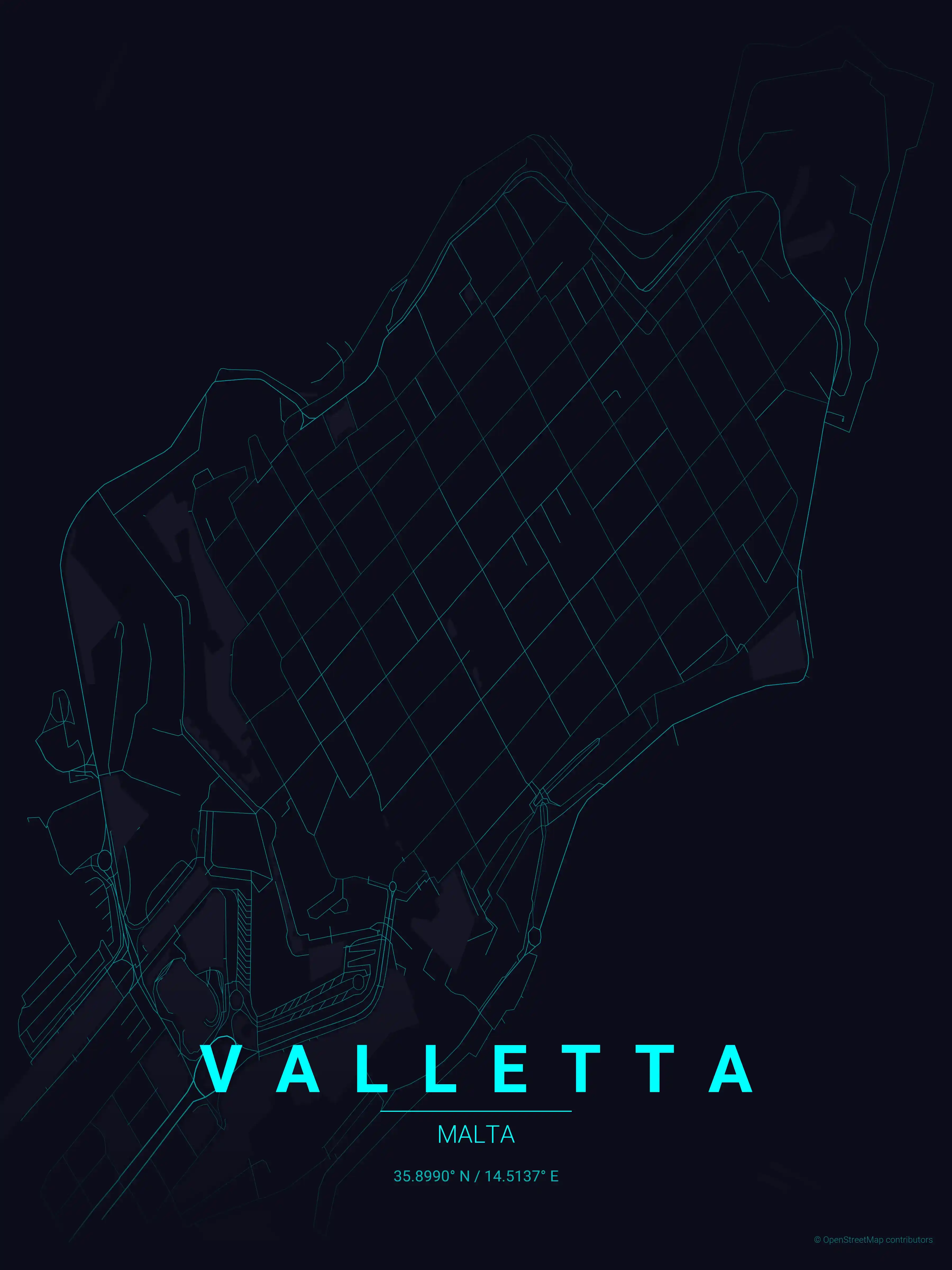 Minimalist neon_cyberpunk street map of Valletta, Malta - Urban grid art