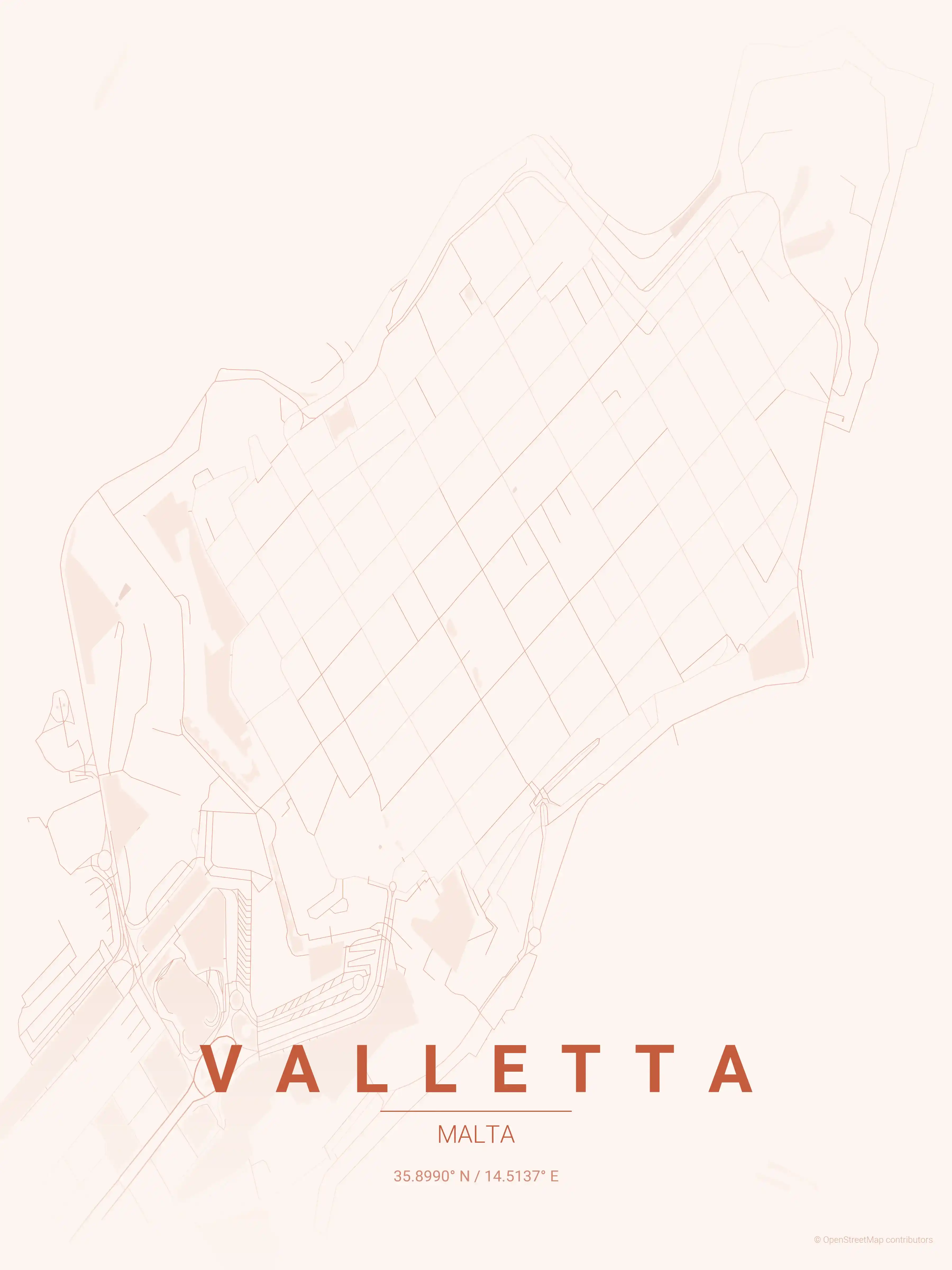 Minimalist sunset street map of Valletta, Malta - Urban grid art