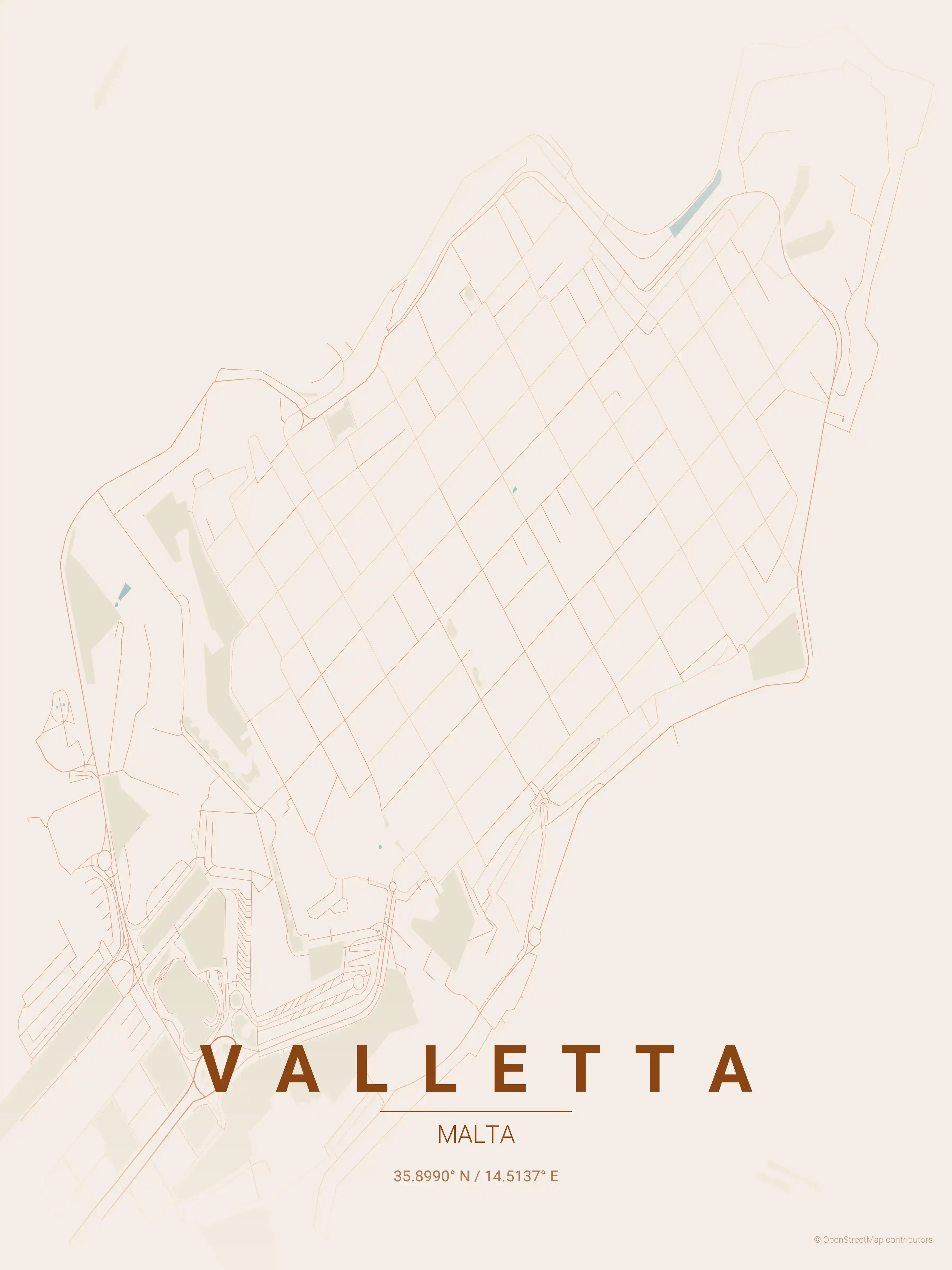 Minimalist terracotta street map of Valletta, Malta - Urban grid art