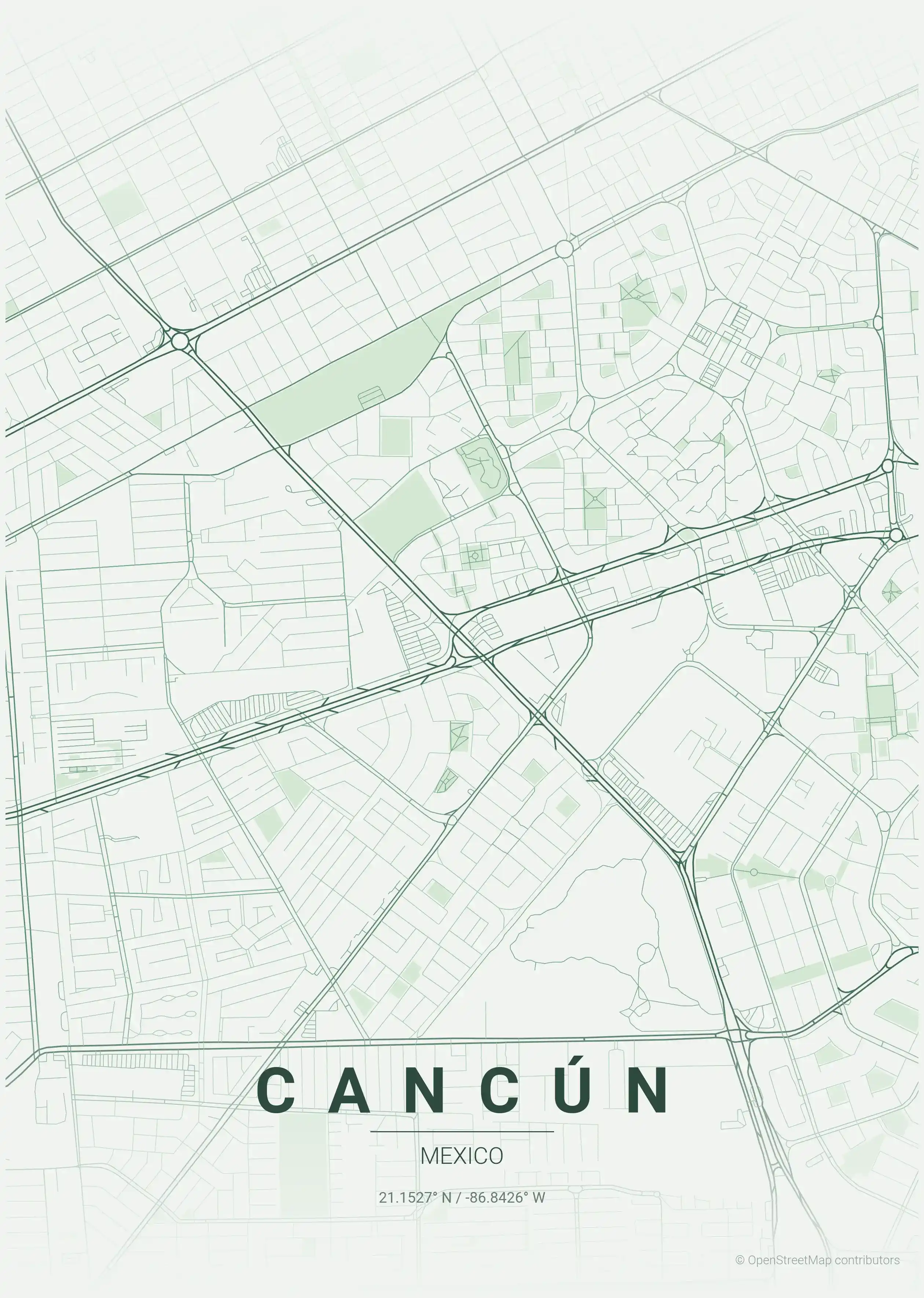 Minimalist forest street map of Cancún, Mexico - Urban grid art