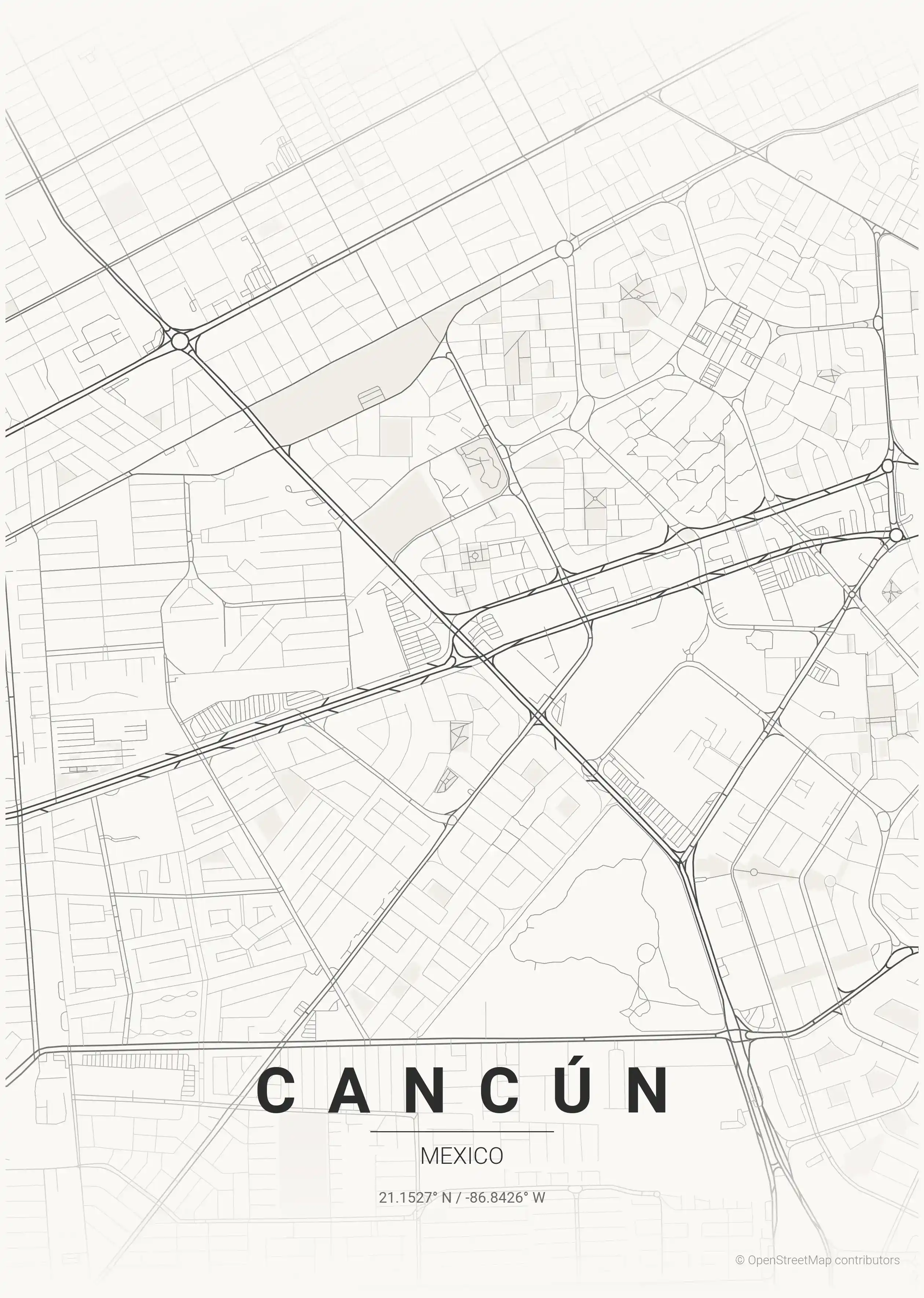 Minimalist japanese_ink street map of Cancún, Mexico - Urban grid art