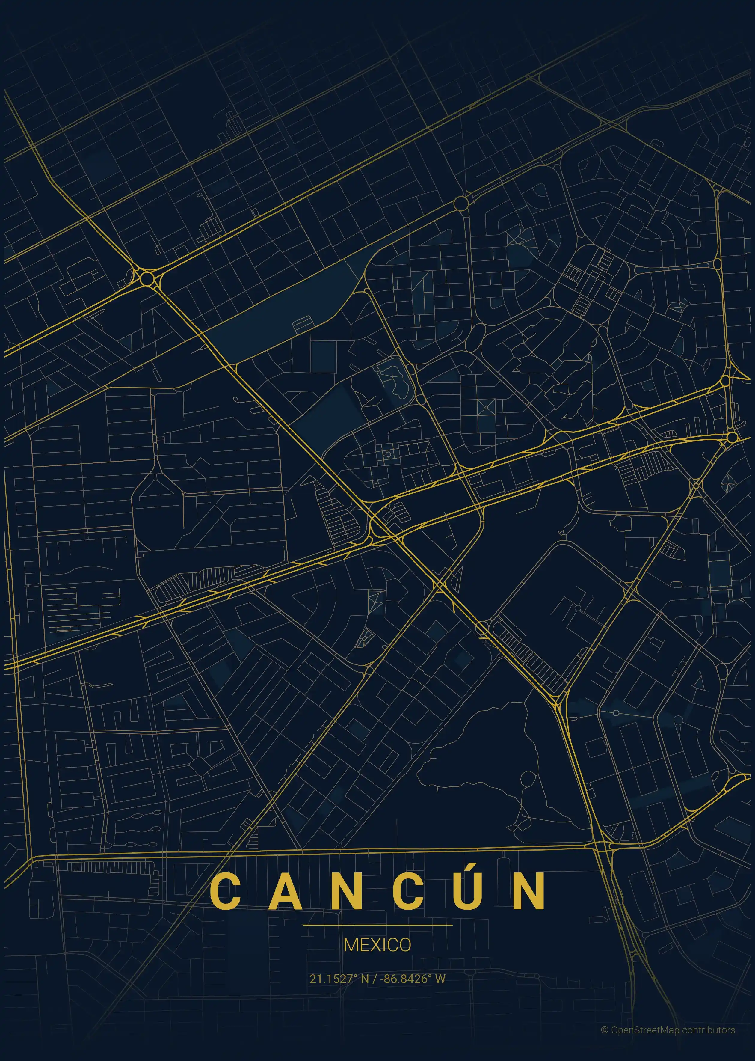 Minimalist midnight_blue street map of Cancún, Mexico - Urban grid art