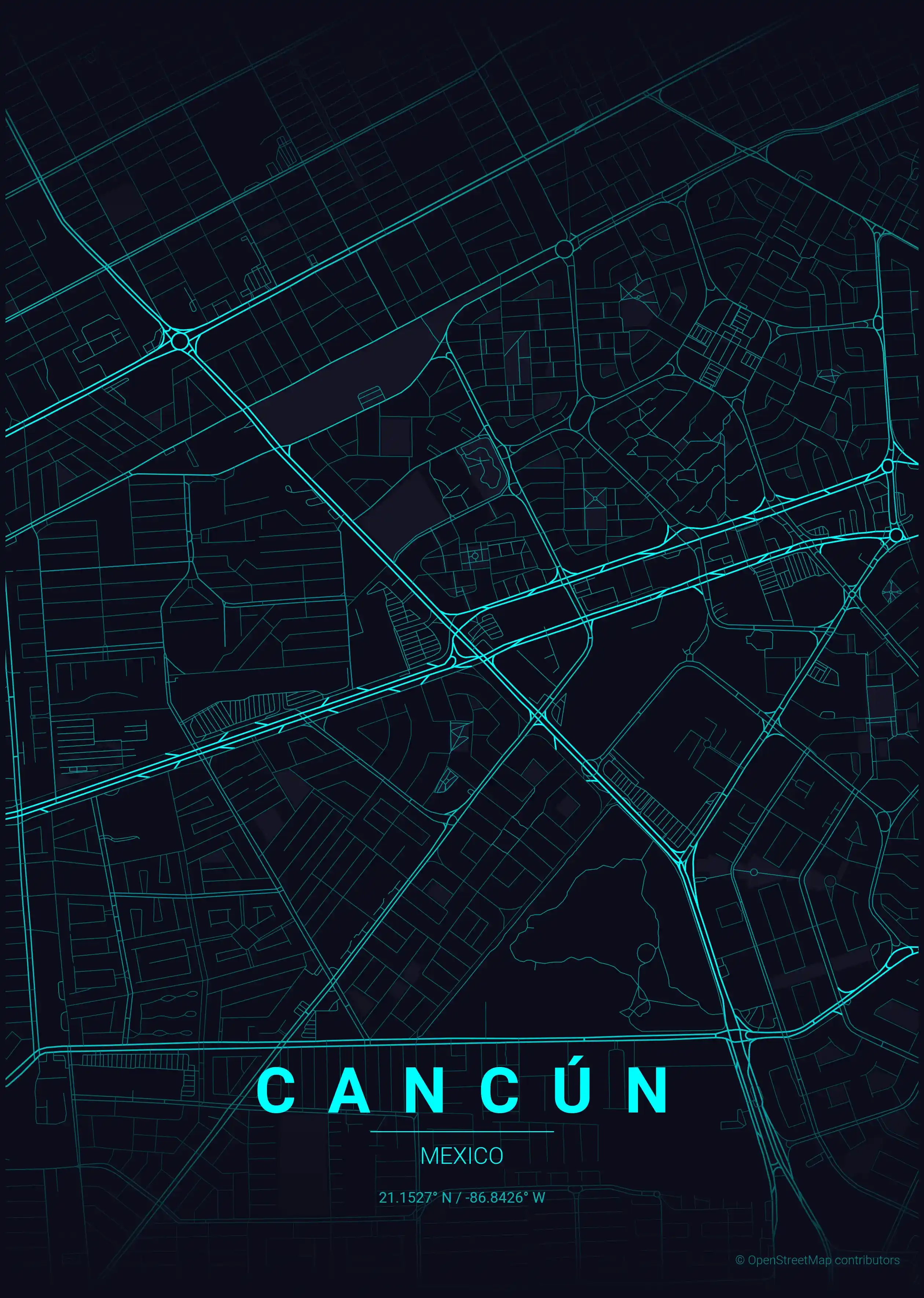 Minimalist neon_cyberpunk street map of Cancún, Mexico - Urban grid art