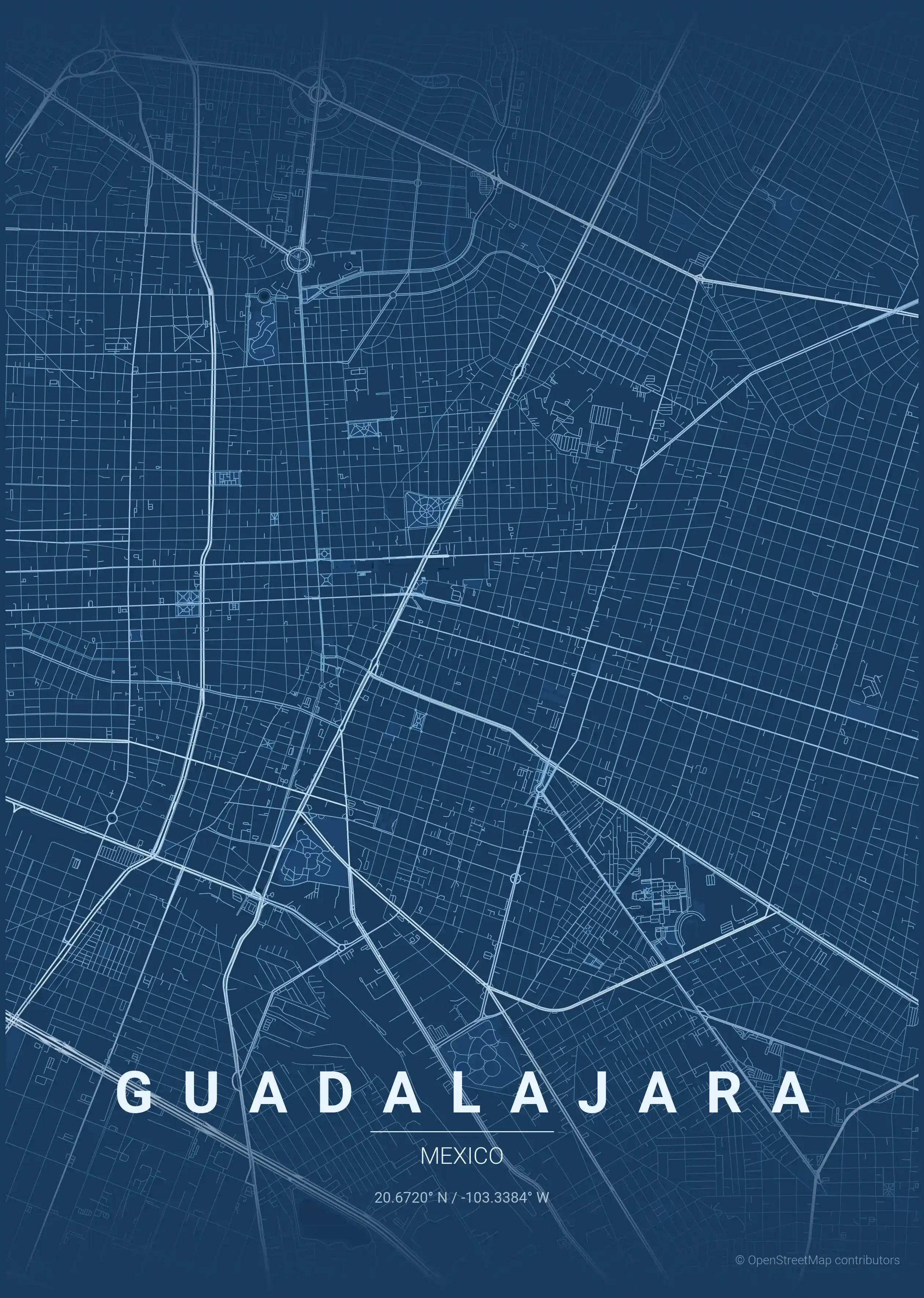 Minimalist blueprint street map of Guadalajara, Mexico - Urban grid art