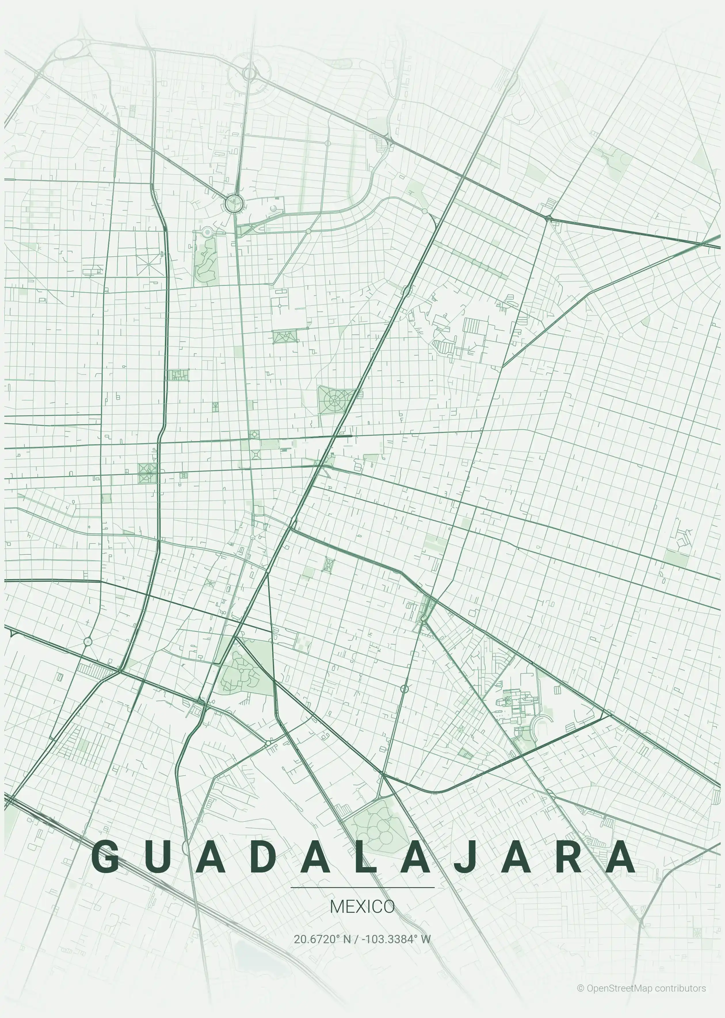 Minimalist forest street map of Guadalajara, Mexico - Urban grid art
