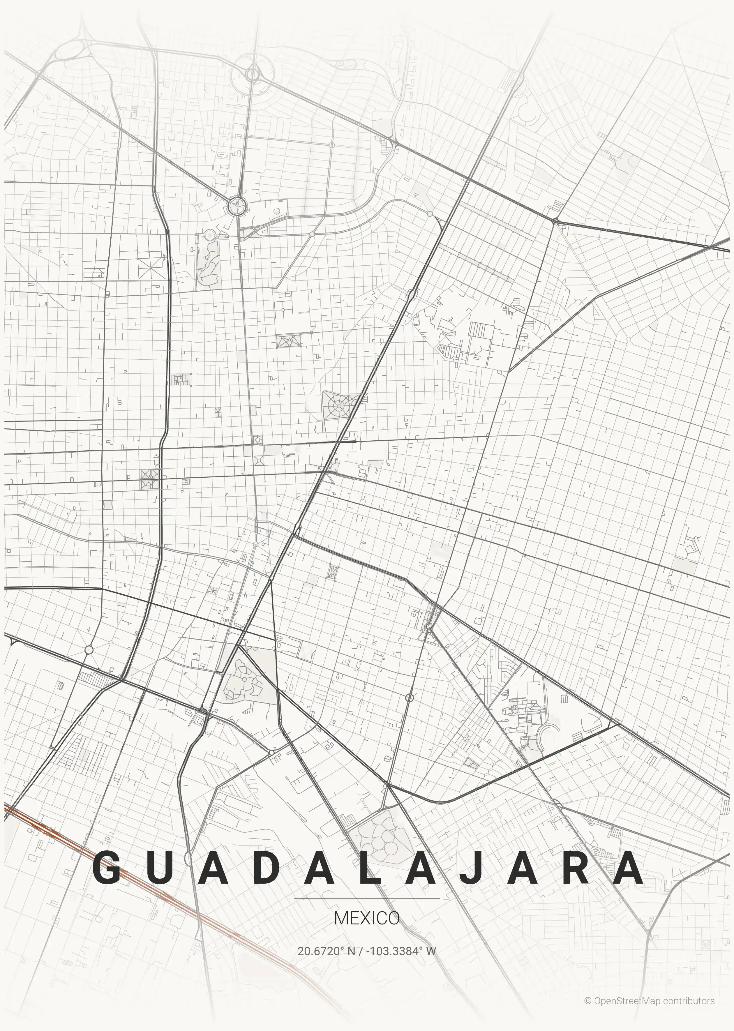 Minimalist japanese_ink street map of Guadalajara, Mexico - Urban grid art