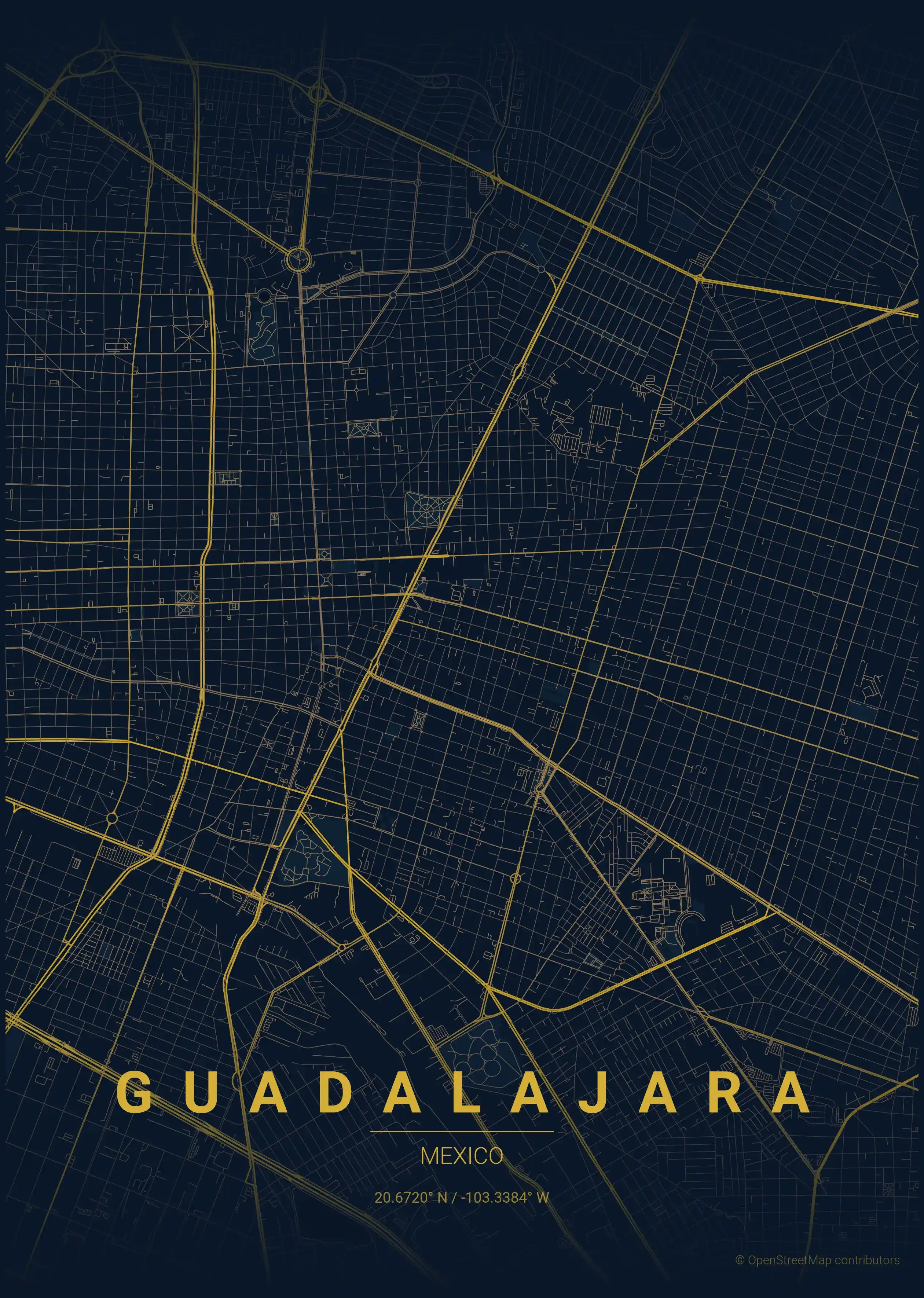 Minimalist midnight_blue street map of Guadalajara, Mexico - Urban grid art