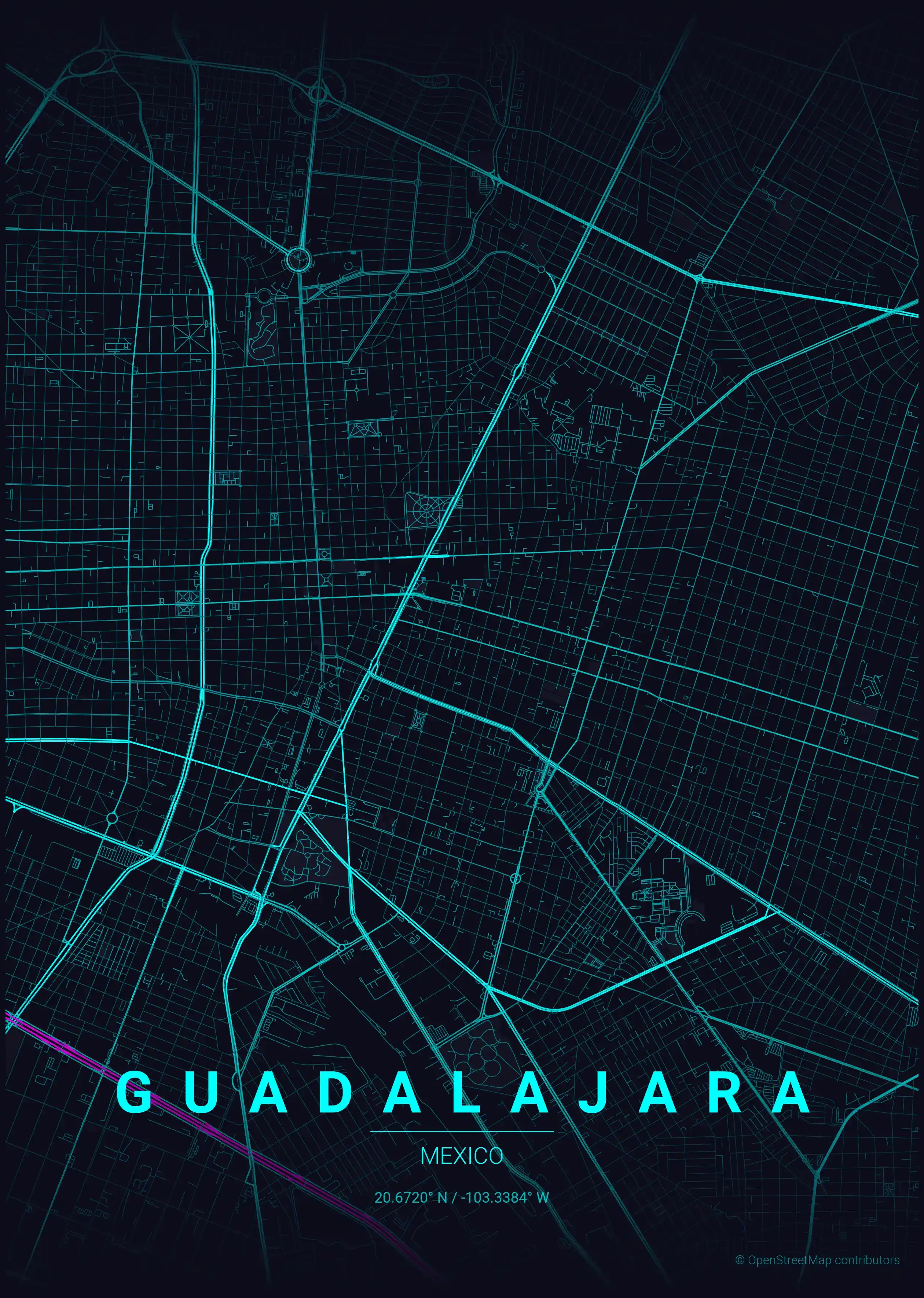 Minimalist neon_cyberpunk street map of Guadalajara, Mexico - Urban grid art