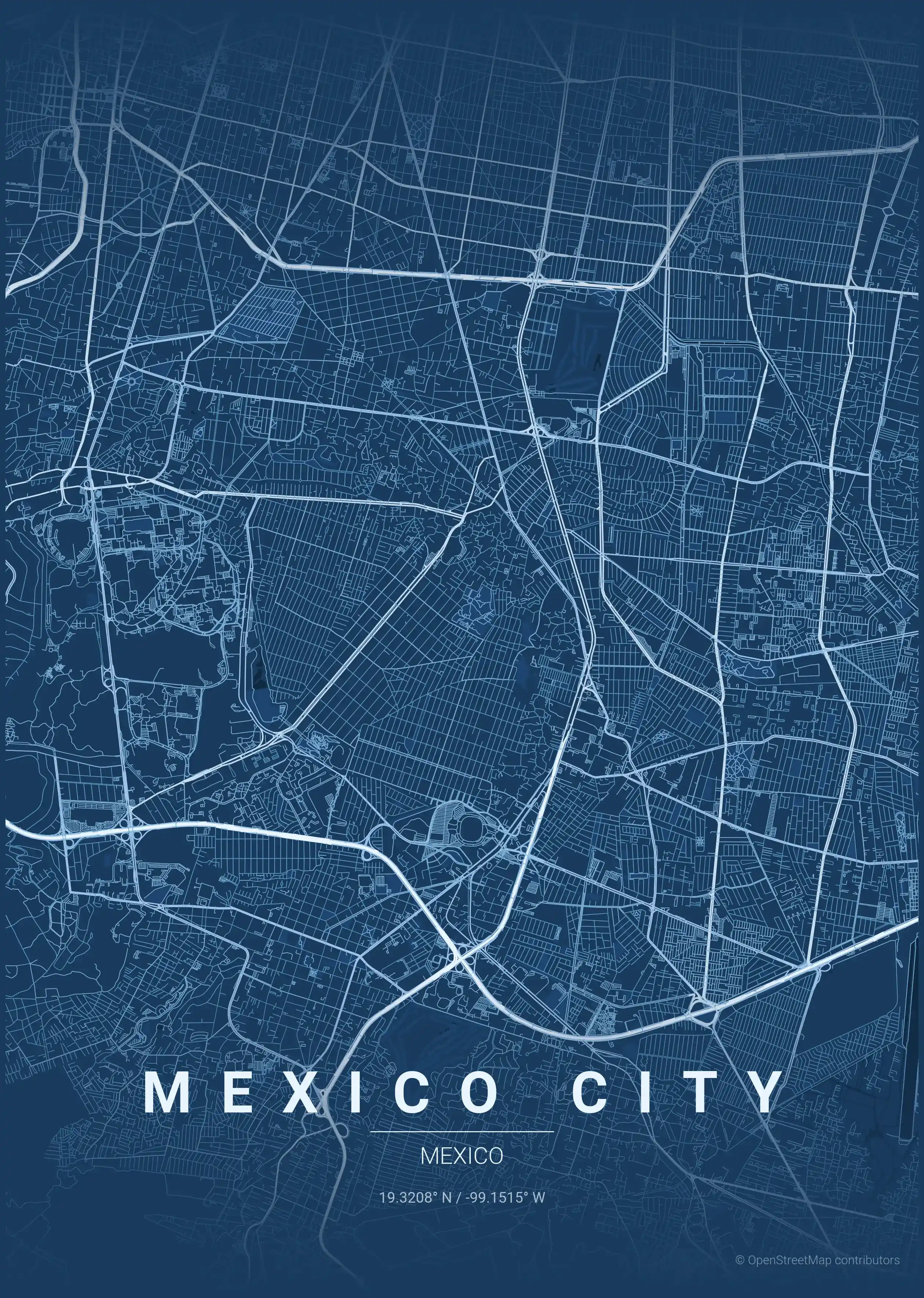 Minimalist blueprint street map of Mexico City, Mexico - Urban grid art