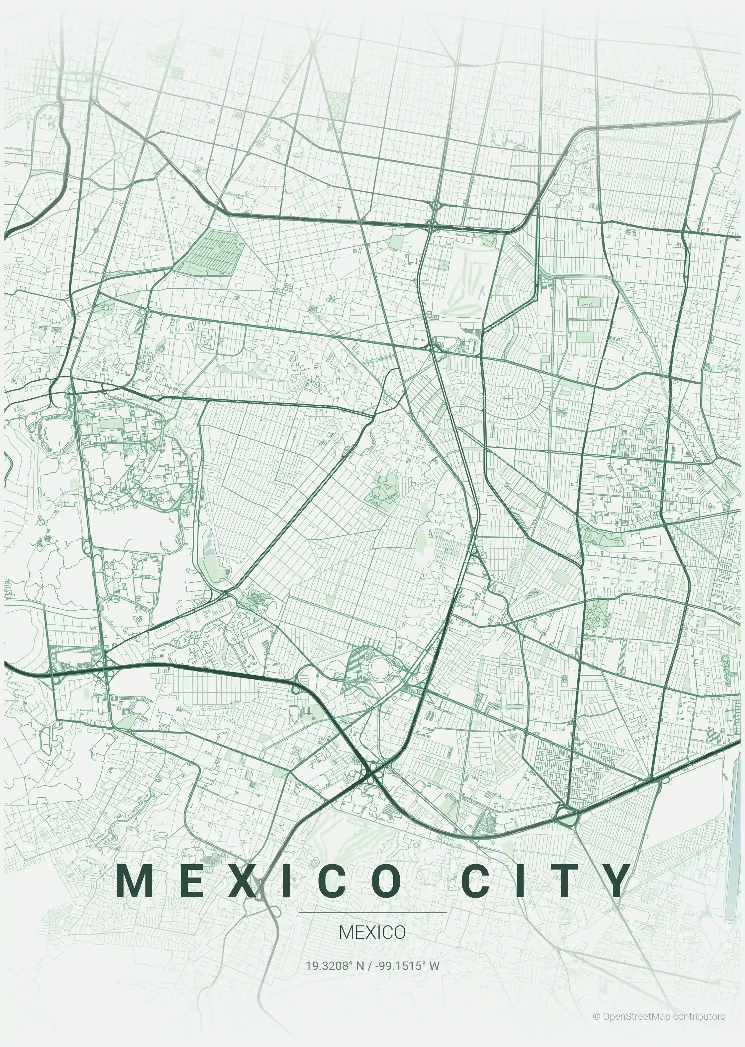 Minimalist forest street map of Mexico City, Mexico - Urban grid art