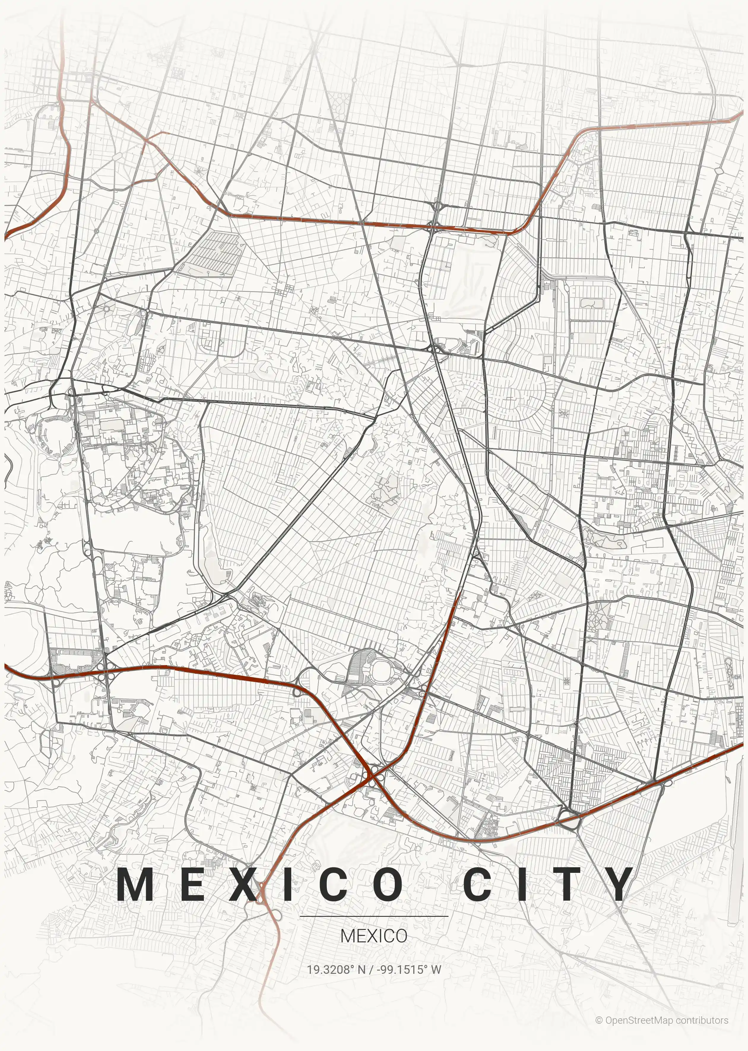 Minimalist japanese_ink street map of Mexico City, Mexico - Urban grid art