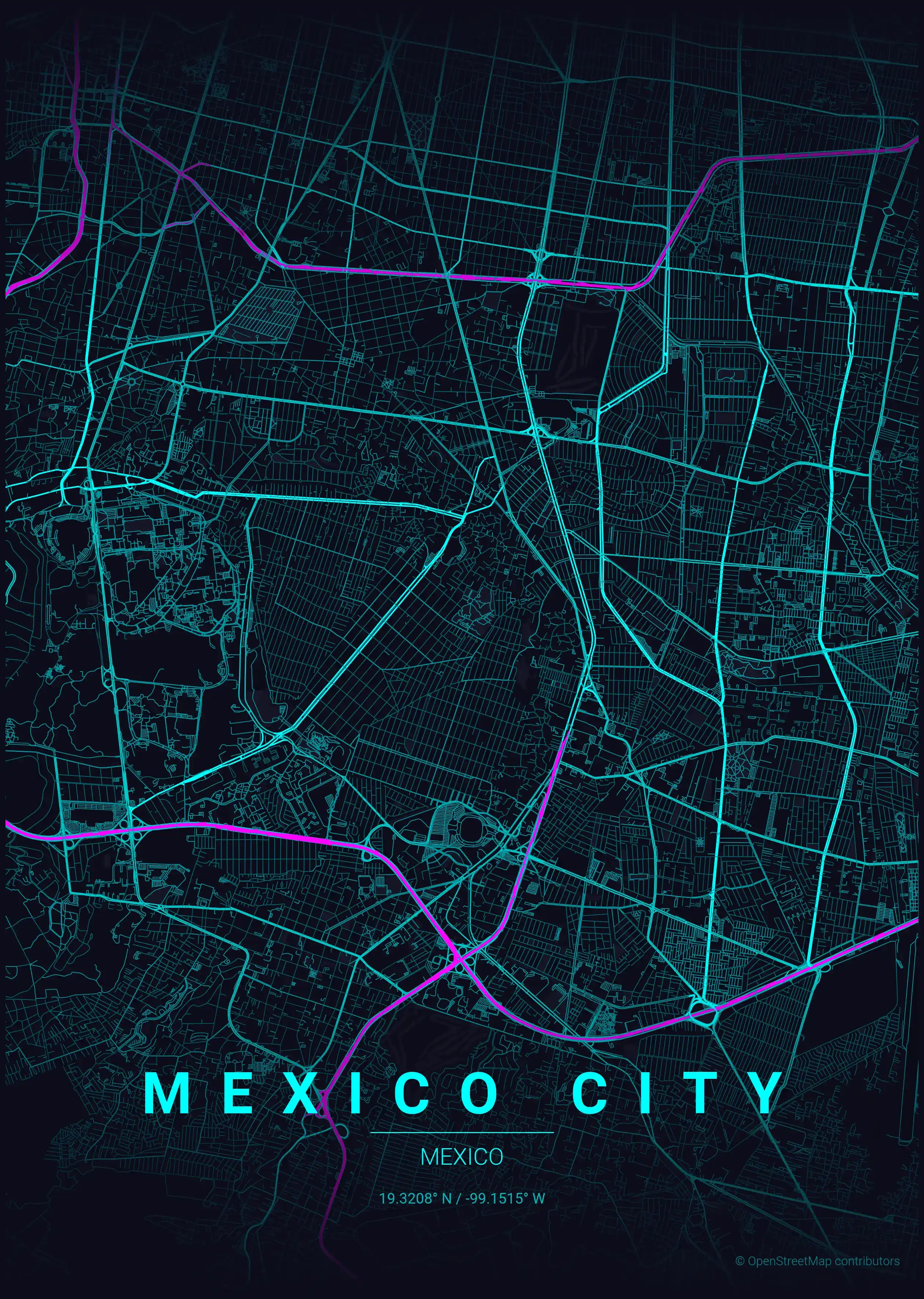 Minimalist neon_cyberpunk street map of Mexico City, Mexico - Urban grid art