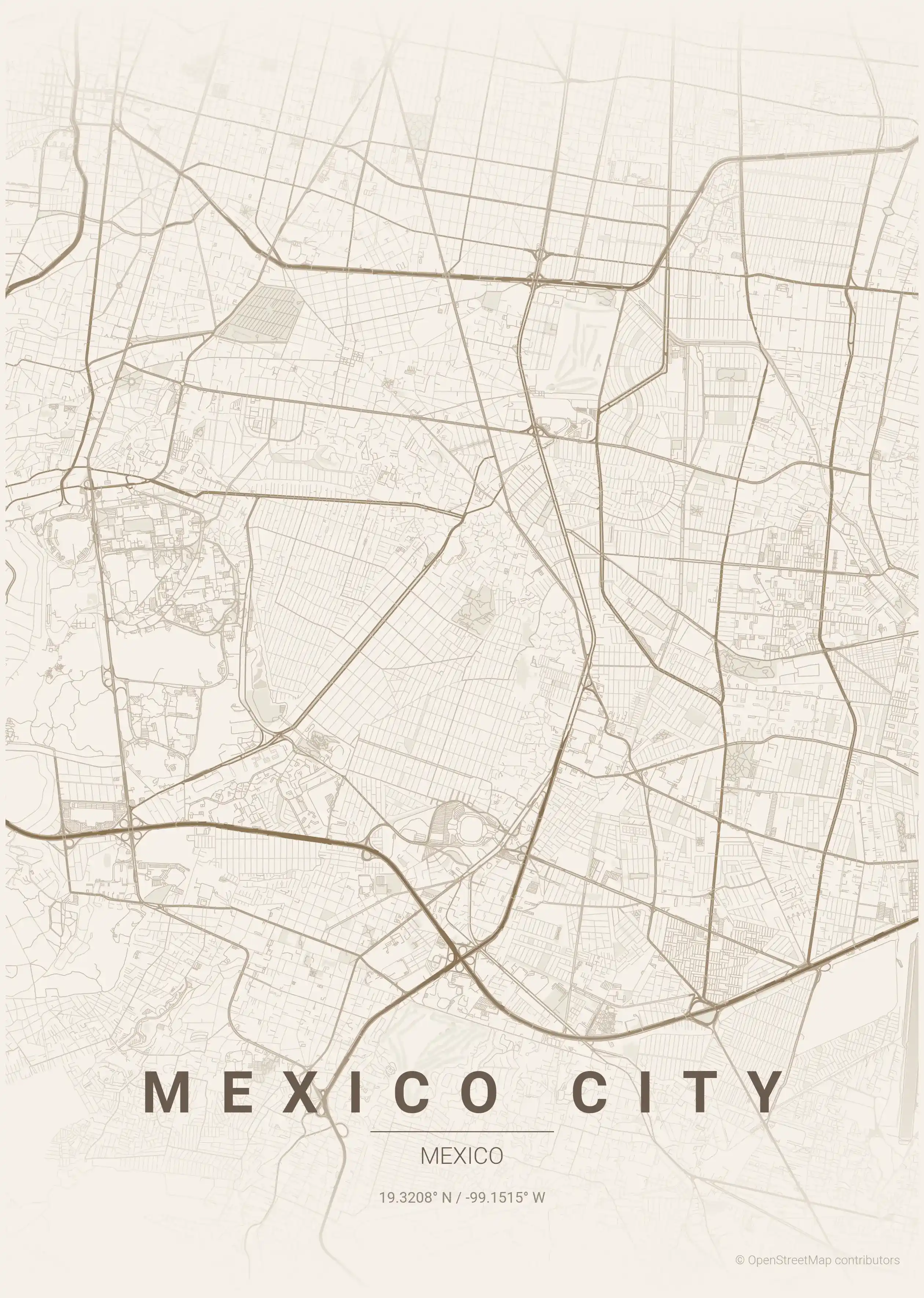 Minimalist warm_beige street map of Mexico City, Mexico - Urban grid art