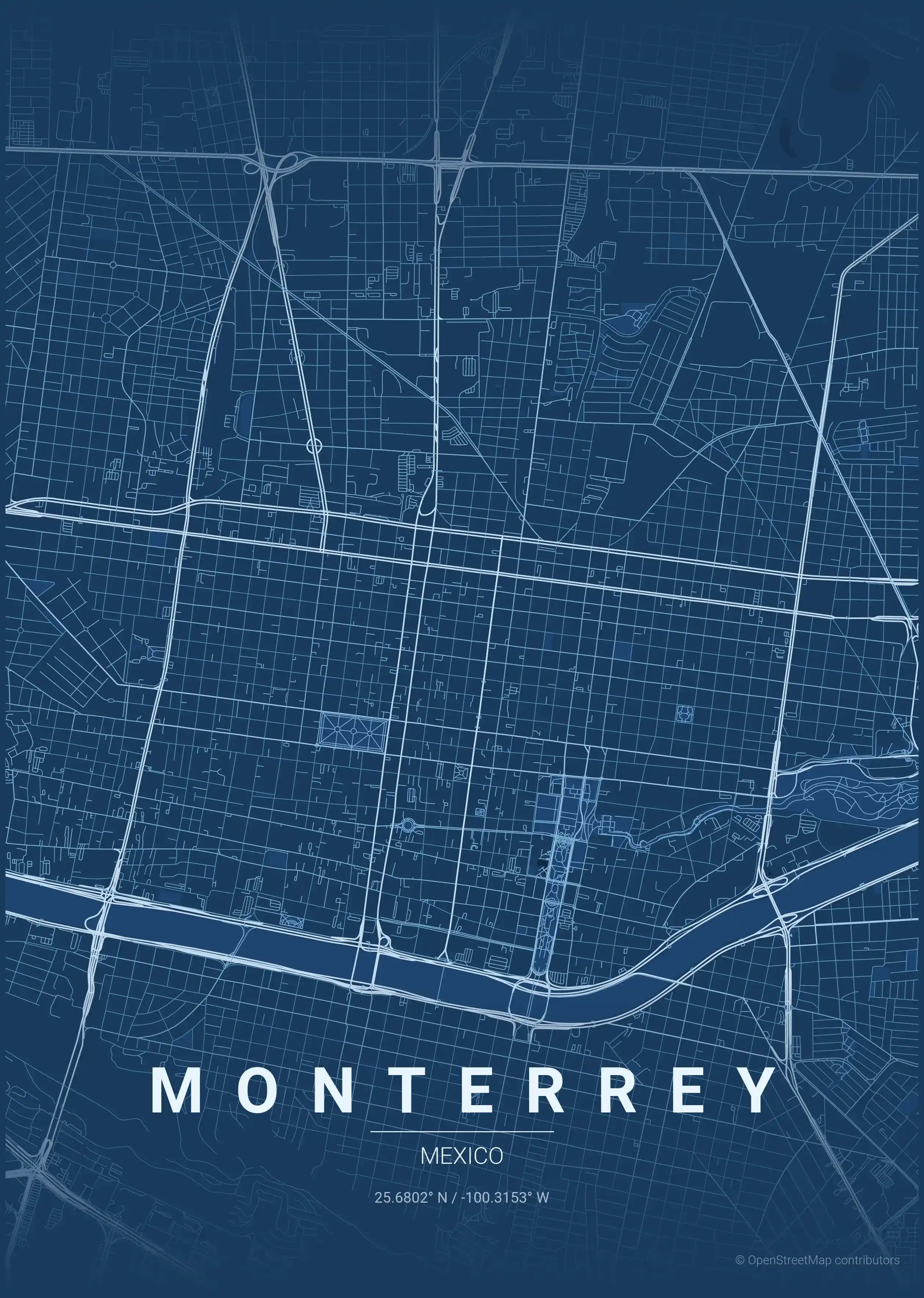 Minimalist blueprint street map of Monterrey, Mexico - Urban grid art