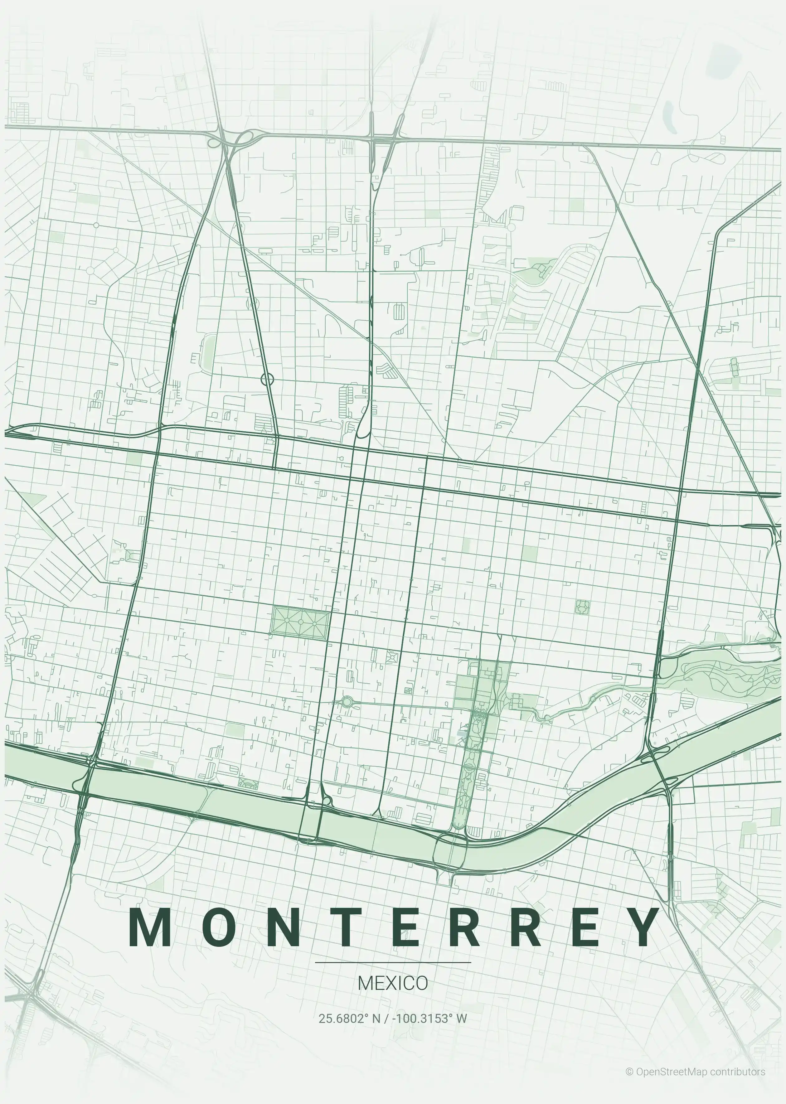 Minimalist forest street map of Monterrey, Mexico - Urban grid art