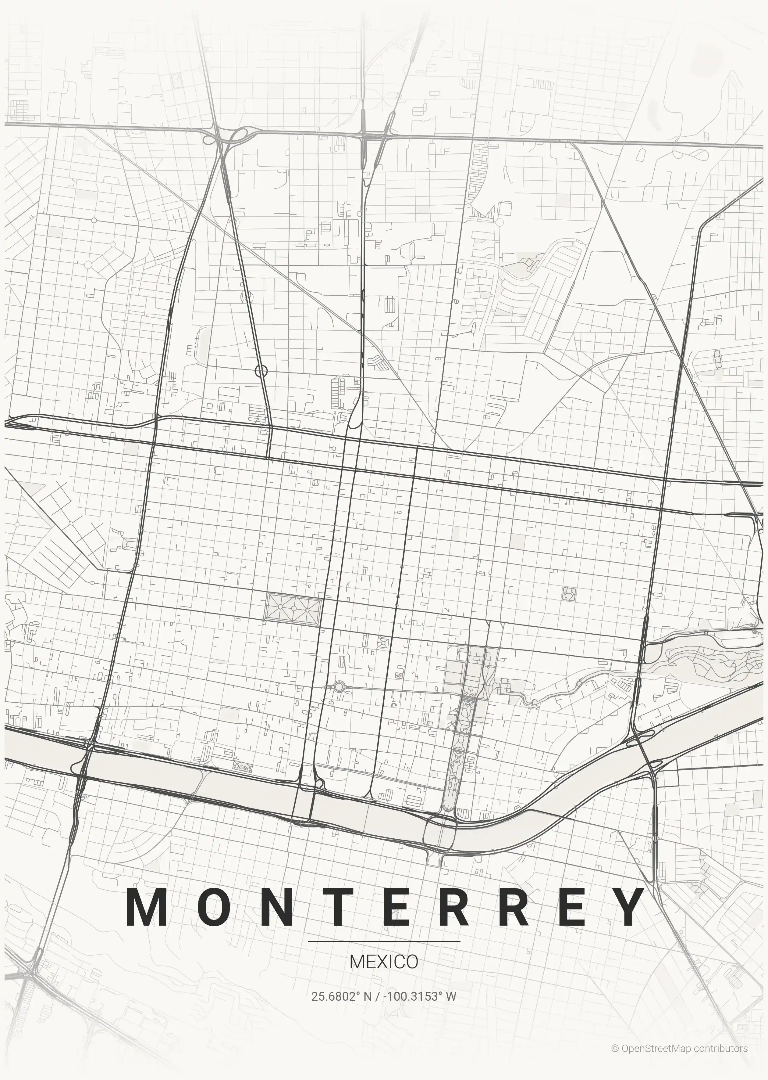 Minimalist japanese_ink street map of Monterrey, Mexico - Urban grid art