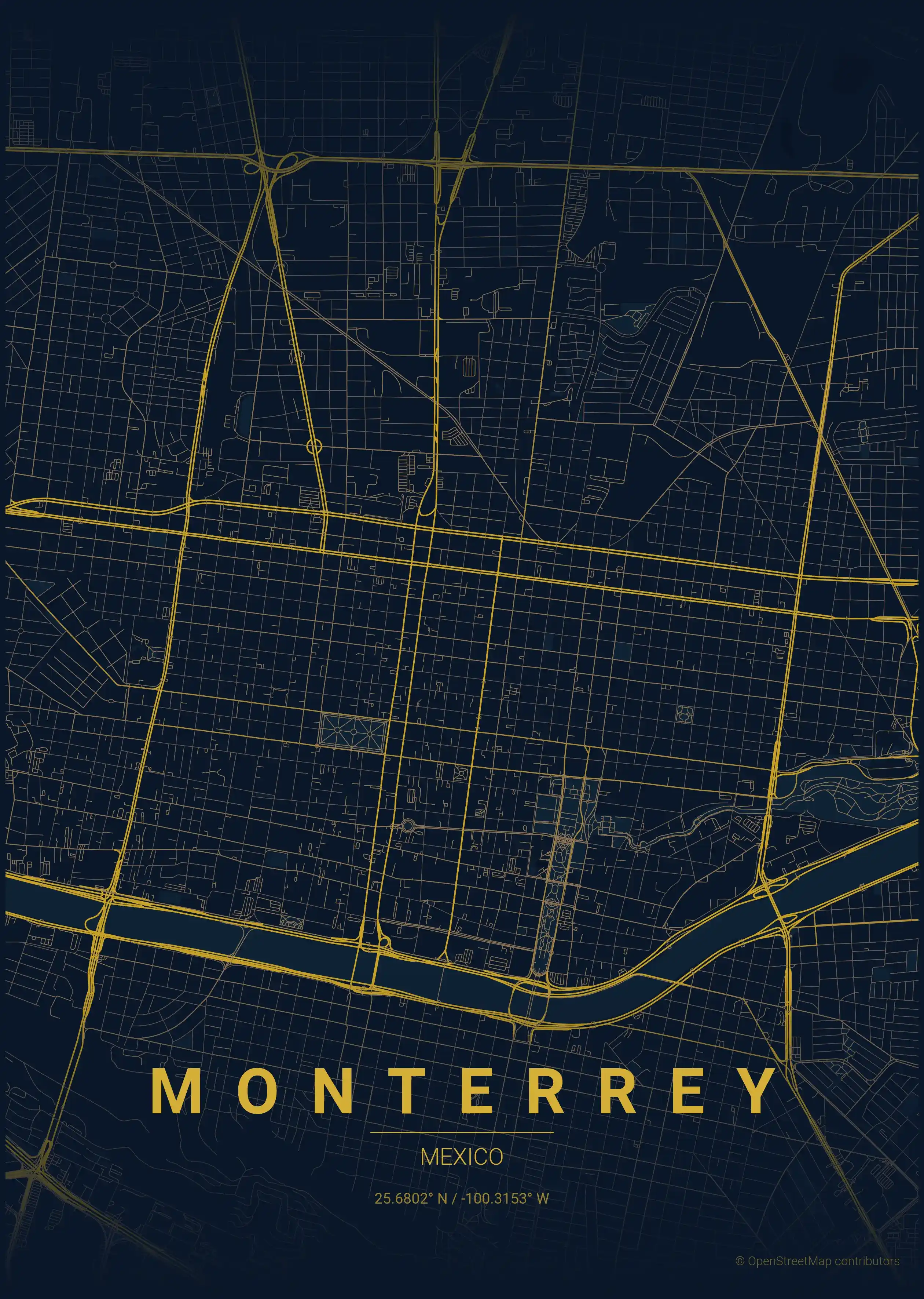 Minimalist midnight_blue street map of Monterrey, Mexico - Urban grid art