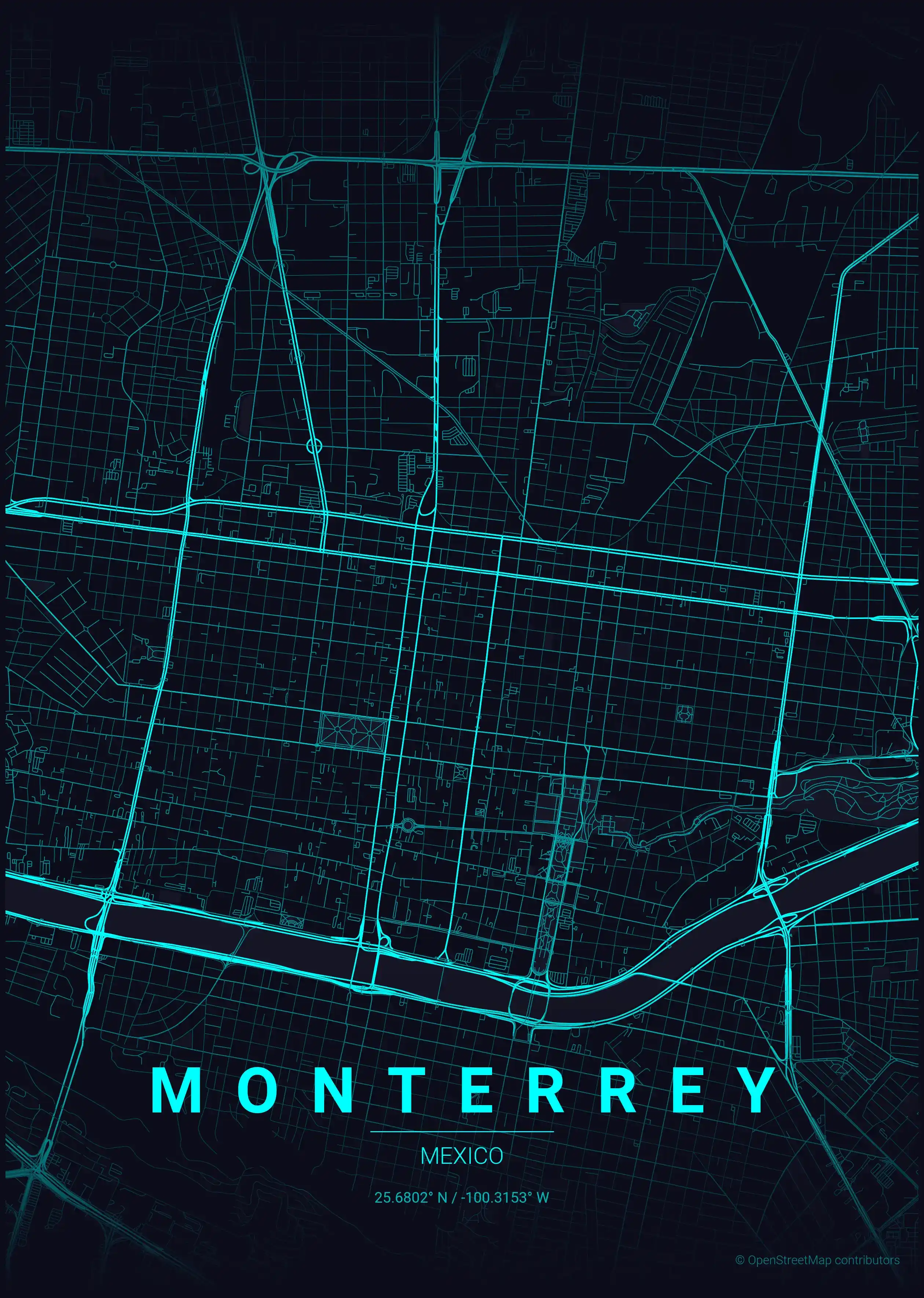 Minimalist neon_cyberpunk street map of Monterrey, Mexico - Urban grid art